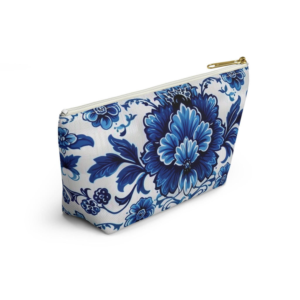 Elegant Blue Floral Accessory Pouch: Boho Makeup Bag & Travel Organizer with Porcelain Pattern