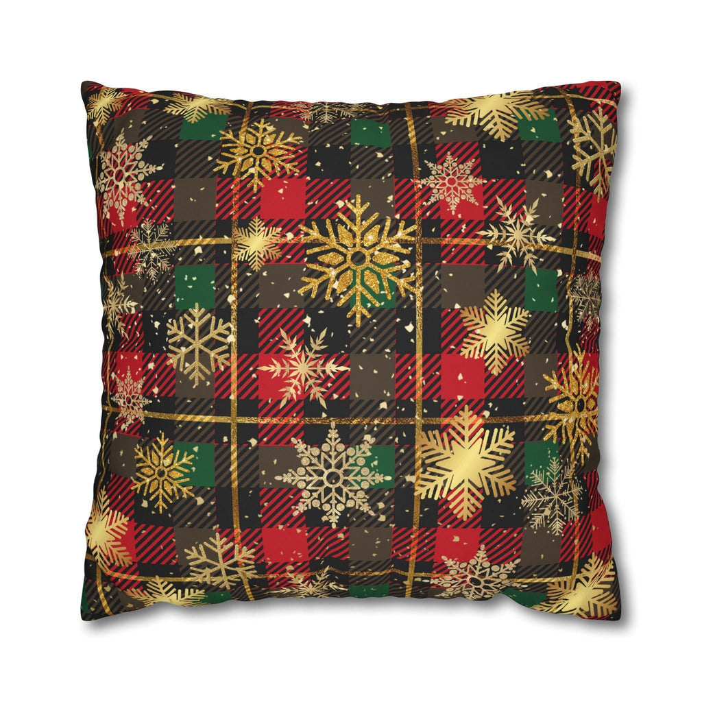 Christmas Plaid Pillow Cover, Gold Snowflakes, Festive Home Decor