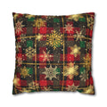Christmas Plaid Pillow Cover, Gold Snowflakes, Festive Home Decor