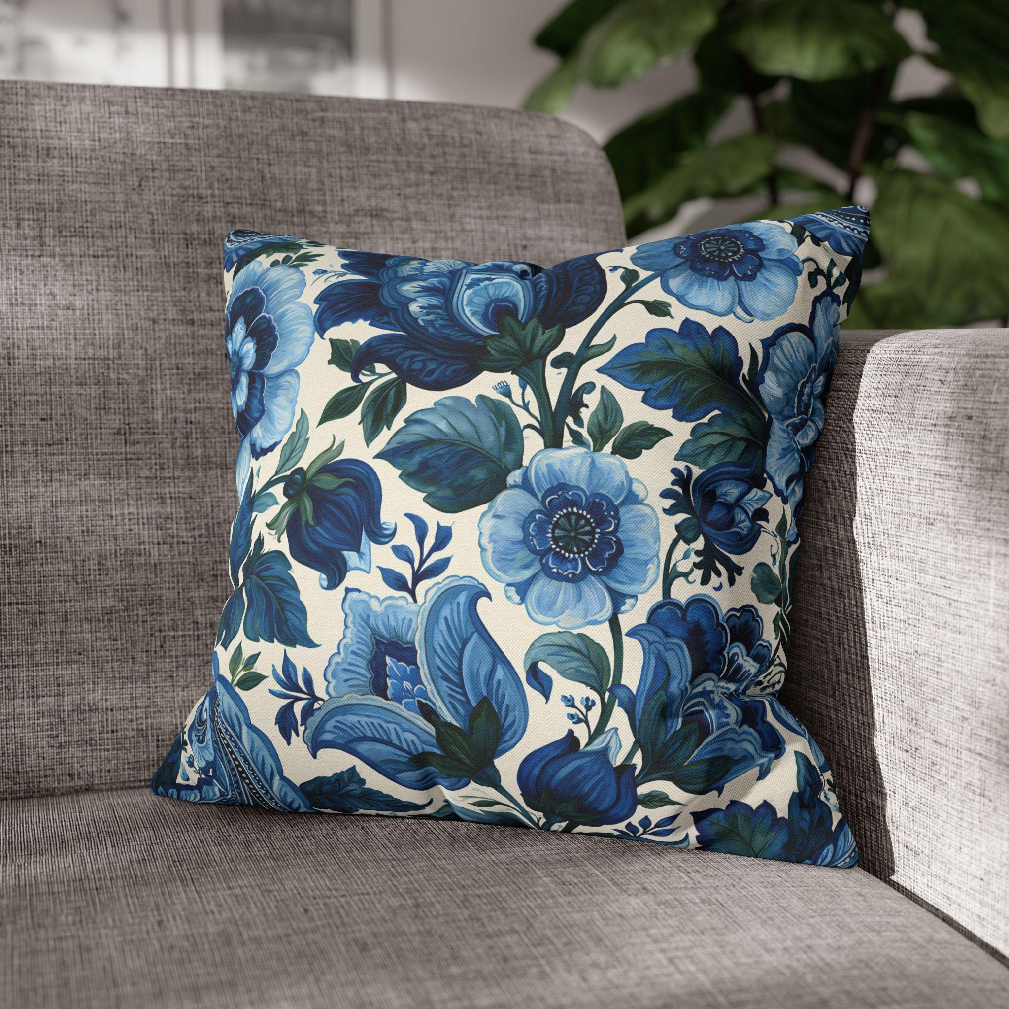 Blue and White Botanical Pillow Cover: Stylized Floral Vine Design