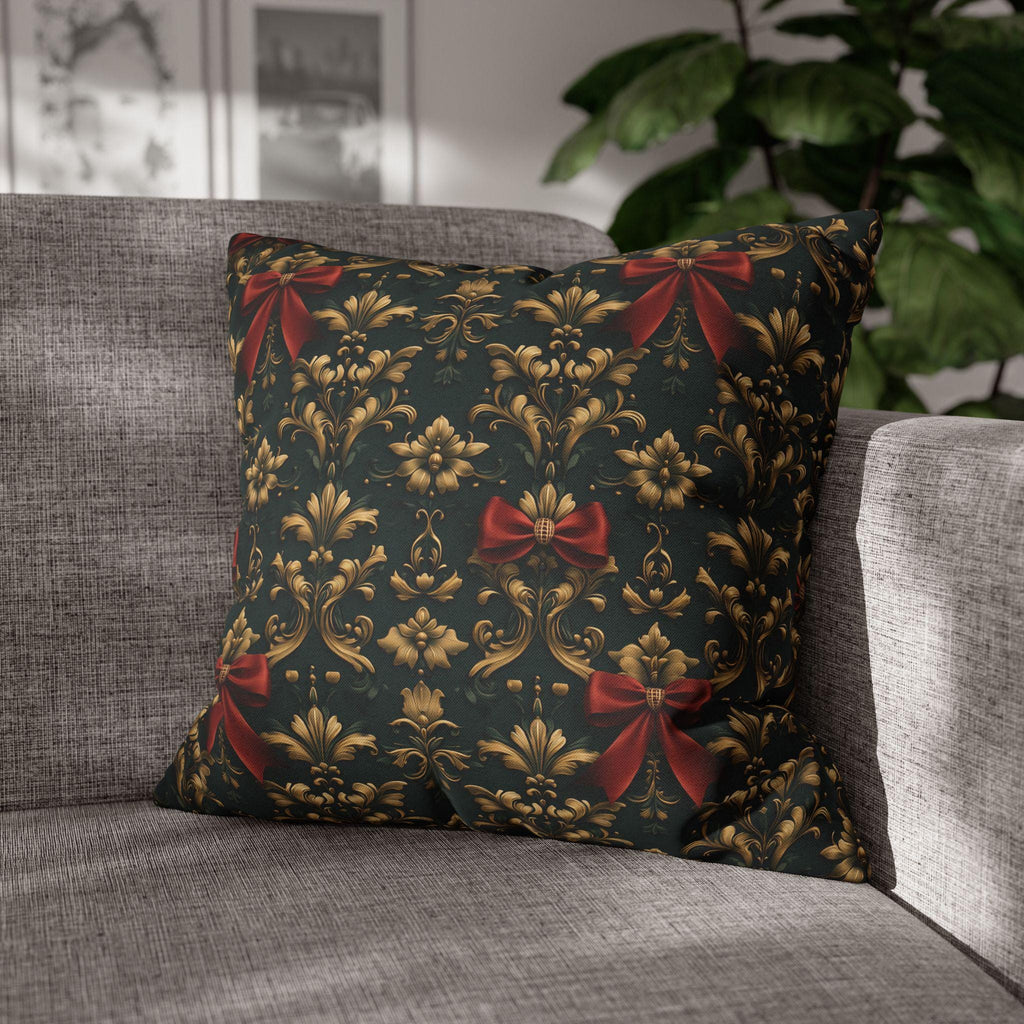 Gold Damask Christmas Pillow Cover with Printed Red Bow: Holiday Decor
