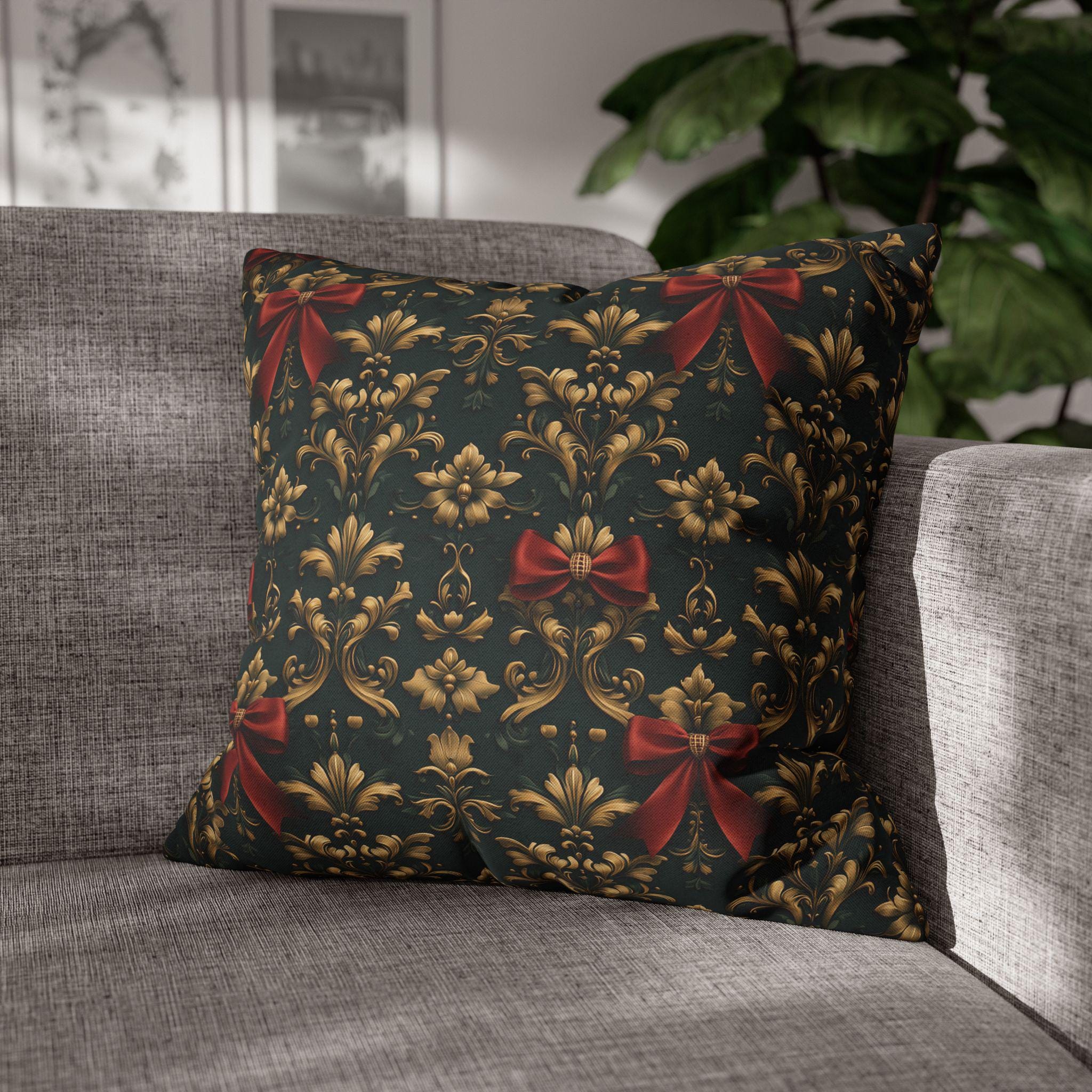 Gold Damask Christmas Pillow Cover with Printed Red Bow: Holiday Decor