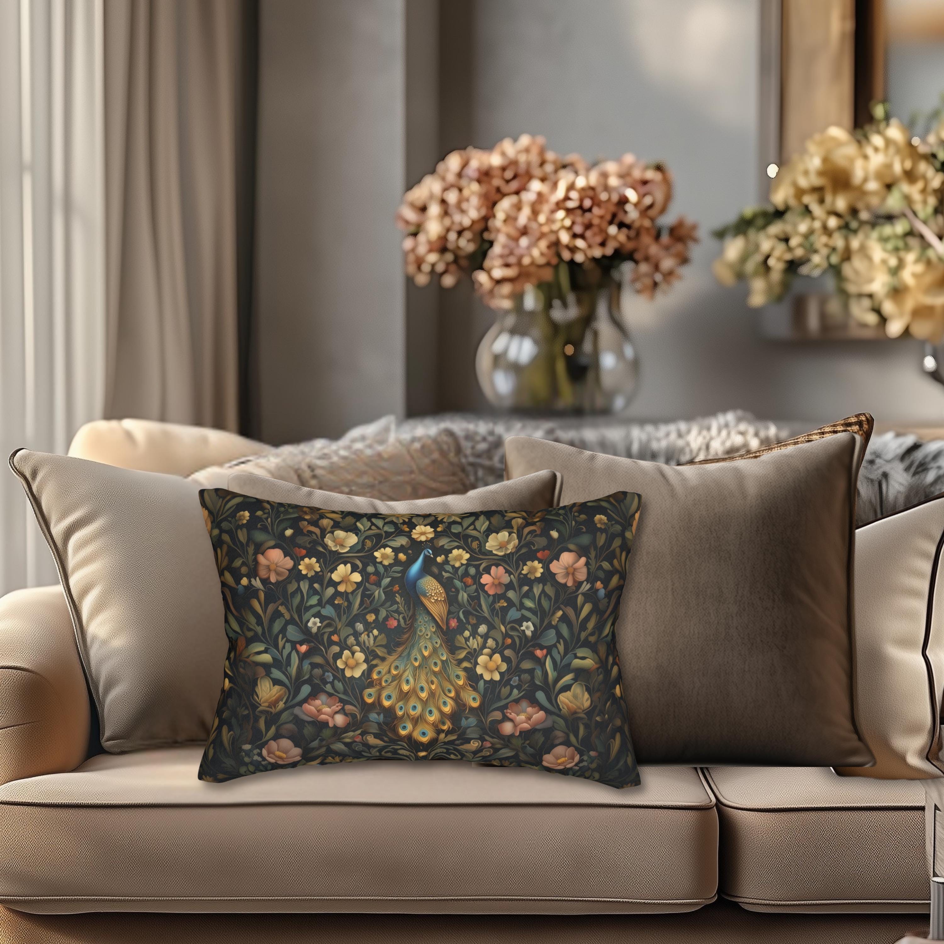 Majestic Peacock Lumbar Pillow: William Morris Vintage Style Arts and Crafts Decor