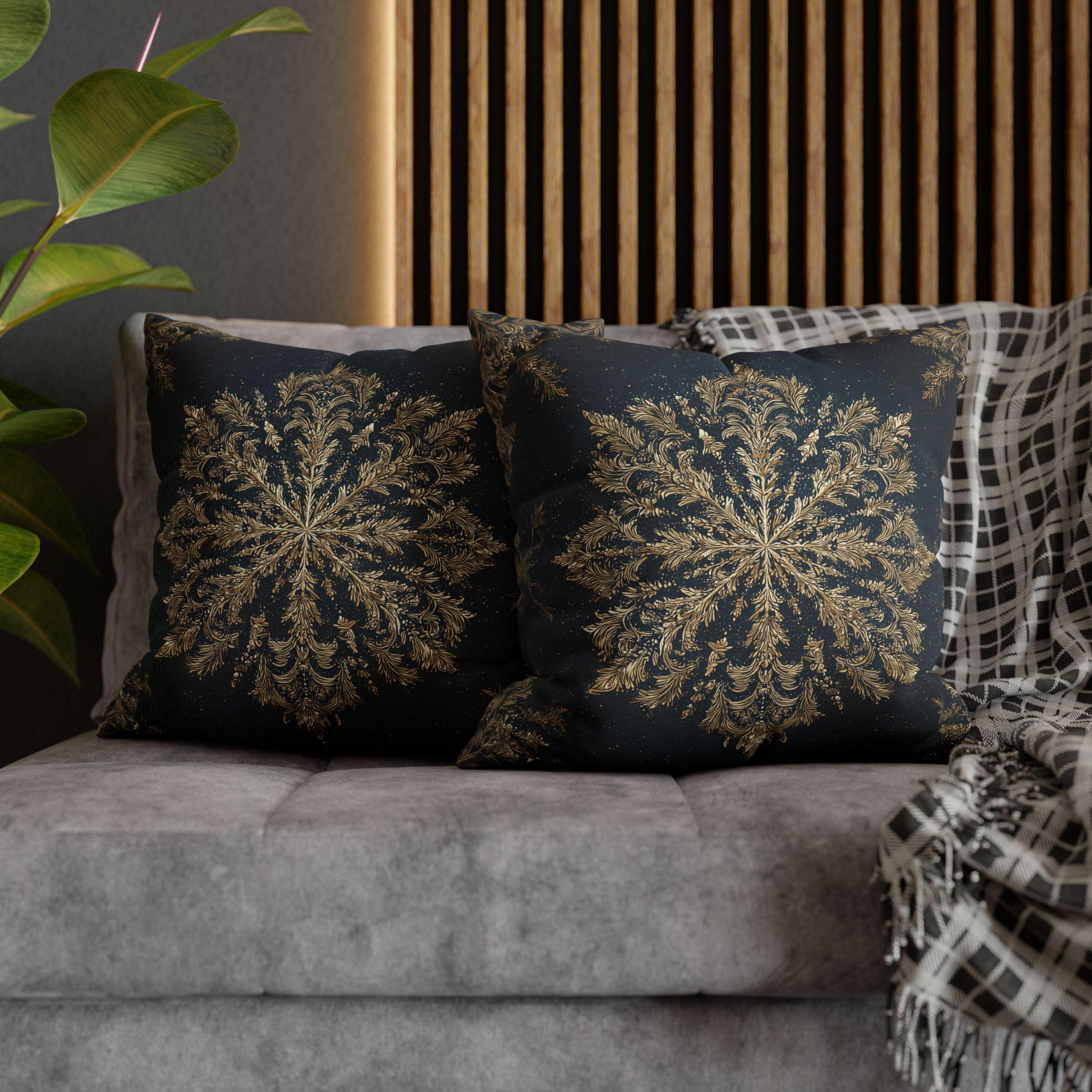 Navy & Gold Christmas Snowflake Pillow Cover: Square Polyester, 14-20 Inches