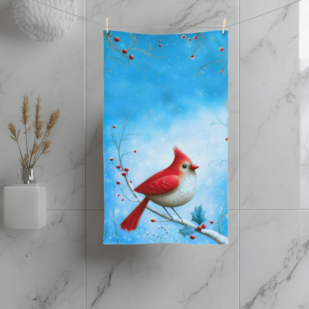 Winter Cardinal Bird Hand Towel: Frosty Blue Holiday Tea Towel