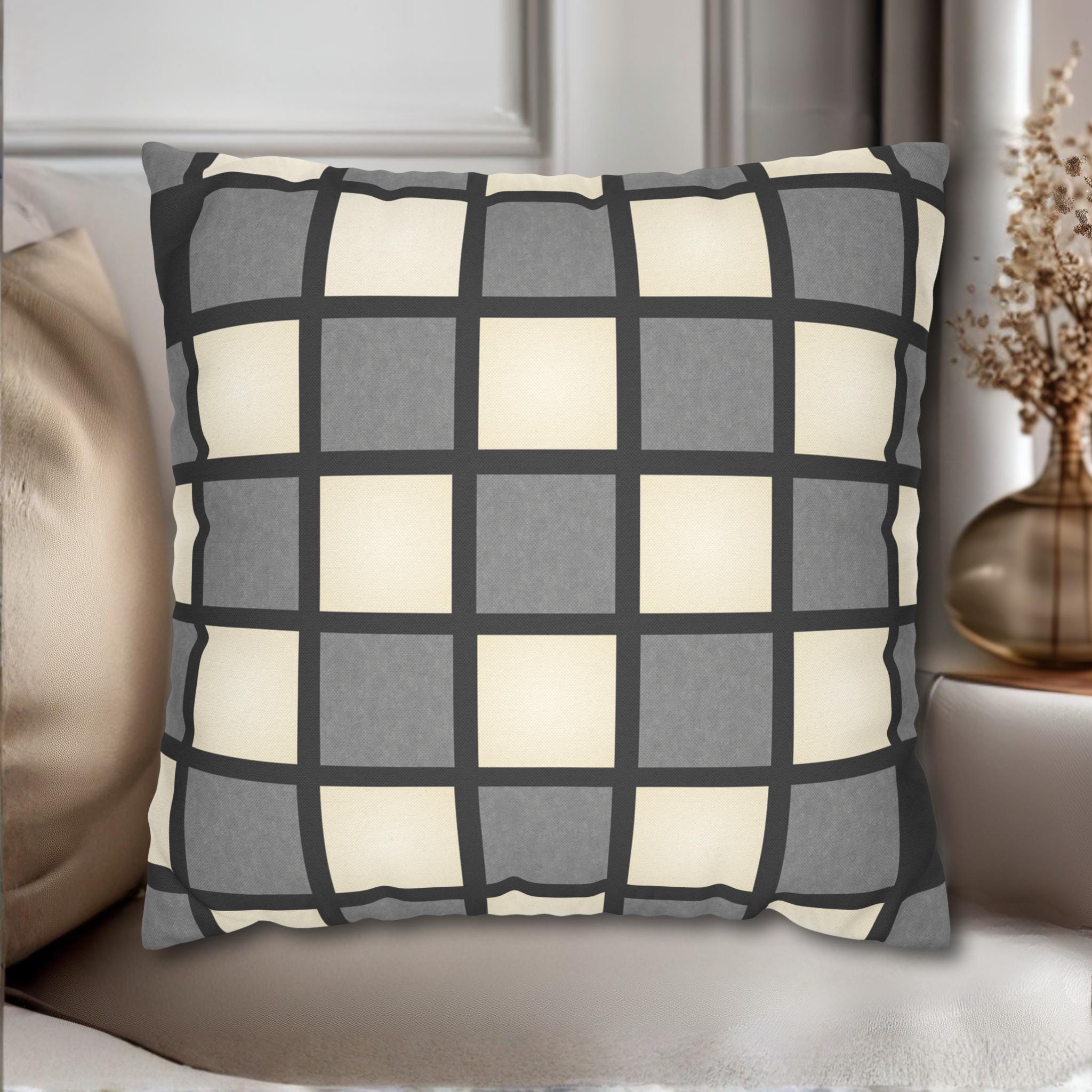 Gray Windowpane Plaid Pillow Cover: Neutral Checkered Contemporary Accent