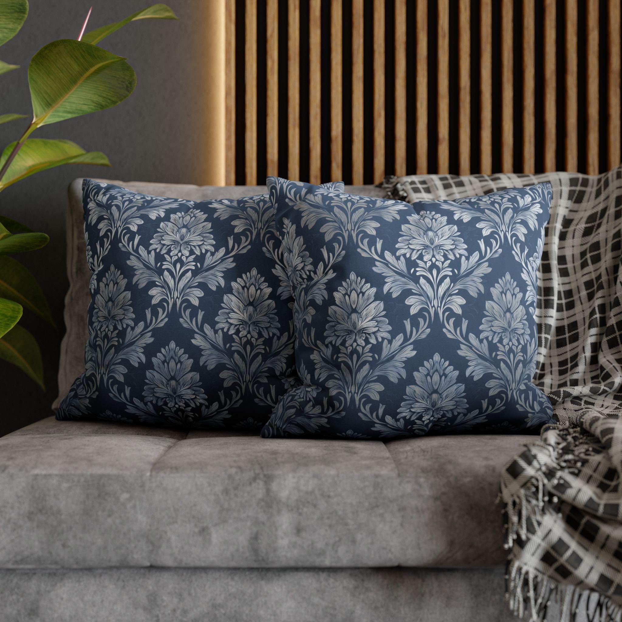 Slate Blue & Silver Damask Pillow Cover: Elegant Vintage Floral Cushion for Traditional Decor