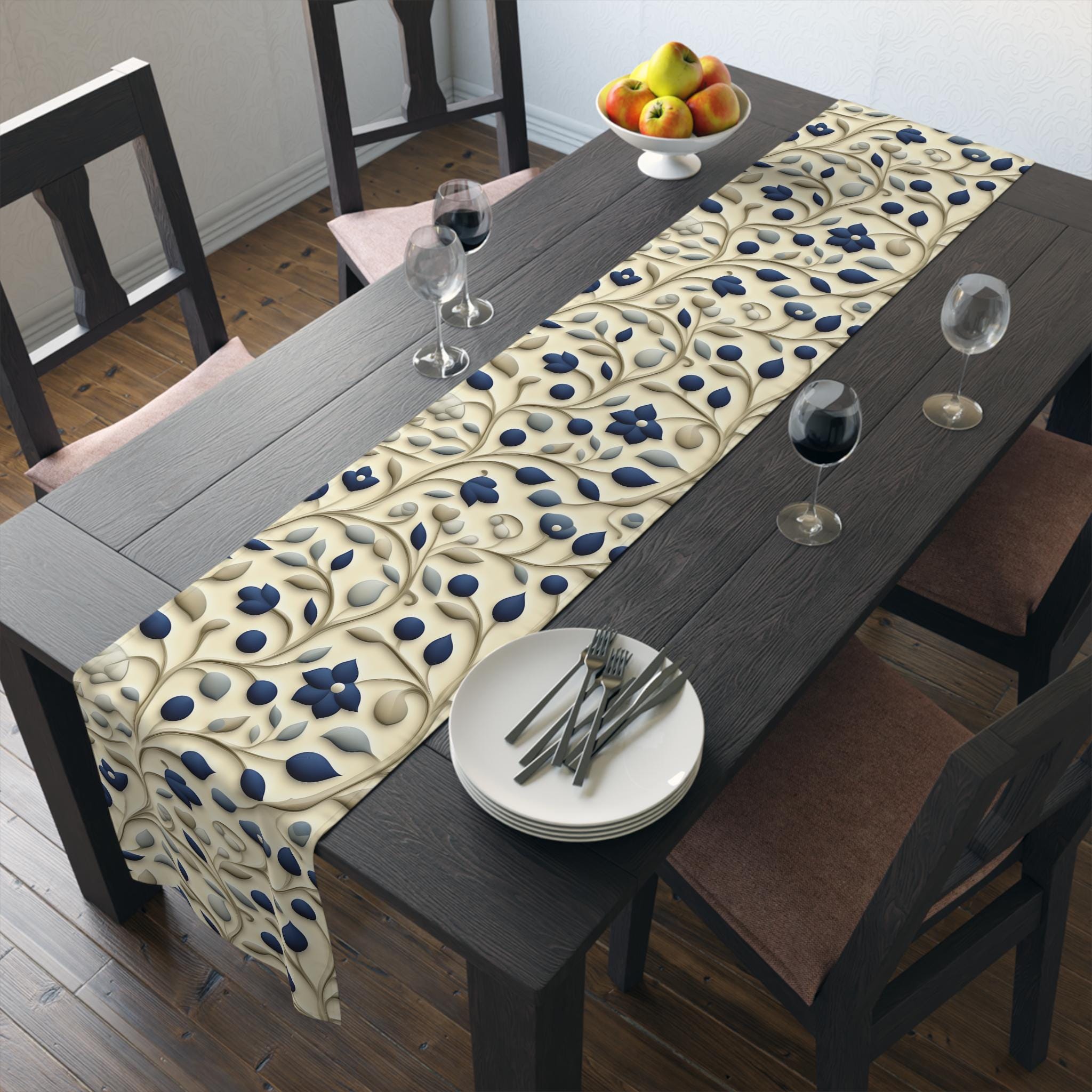 William Morris Inspired Navy & Taupe Floral Table Runner: Elegant Botanical Dining Decor