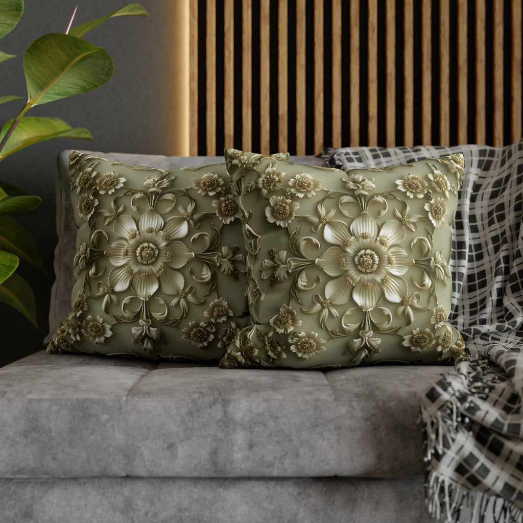 French Floral Pillow Cover: Sage Green & Gold Bloom Cushion