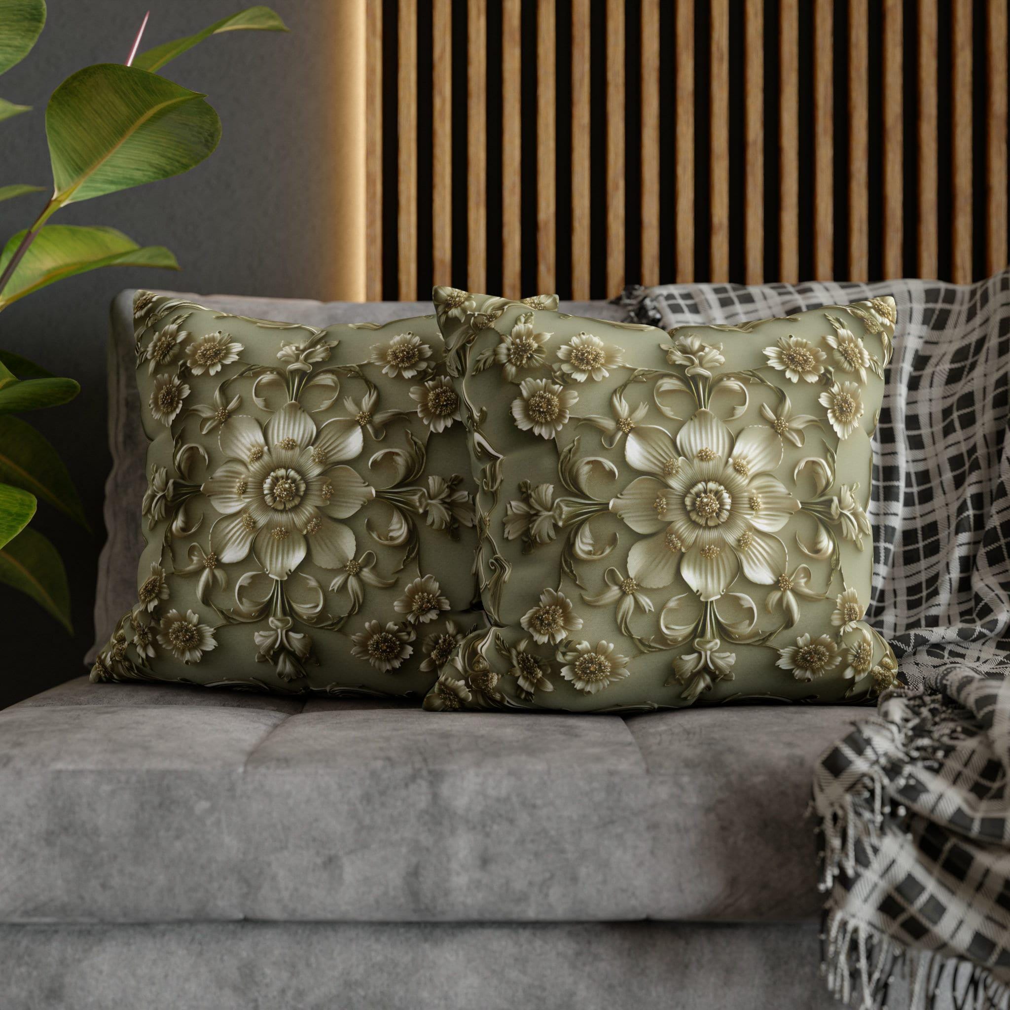 French Floral Pillow Cover: Sage Green & Gold Bloom Cushion