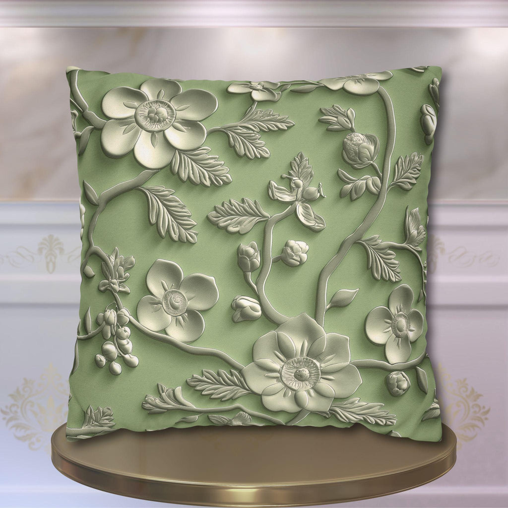 Elegant Chinoiserie Floral Pillow Cover: Green & Tan Pottery-Inspired Design for Timeless Asian Decor