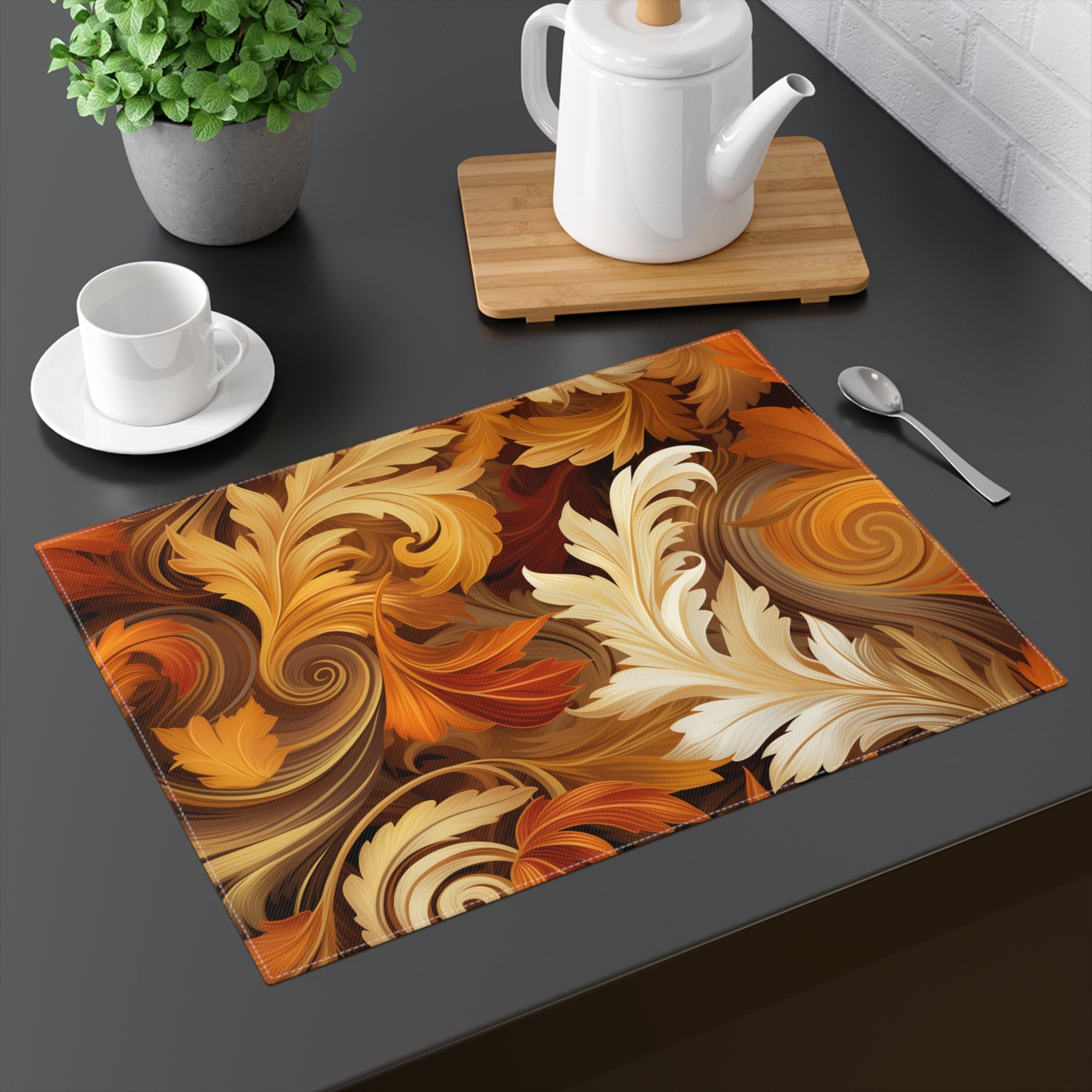 Autumn Leaves Swirling Cotton Twill Placemat - Fall-Themed Table Linen for Thanksgiving Decor 18x14