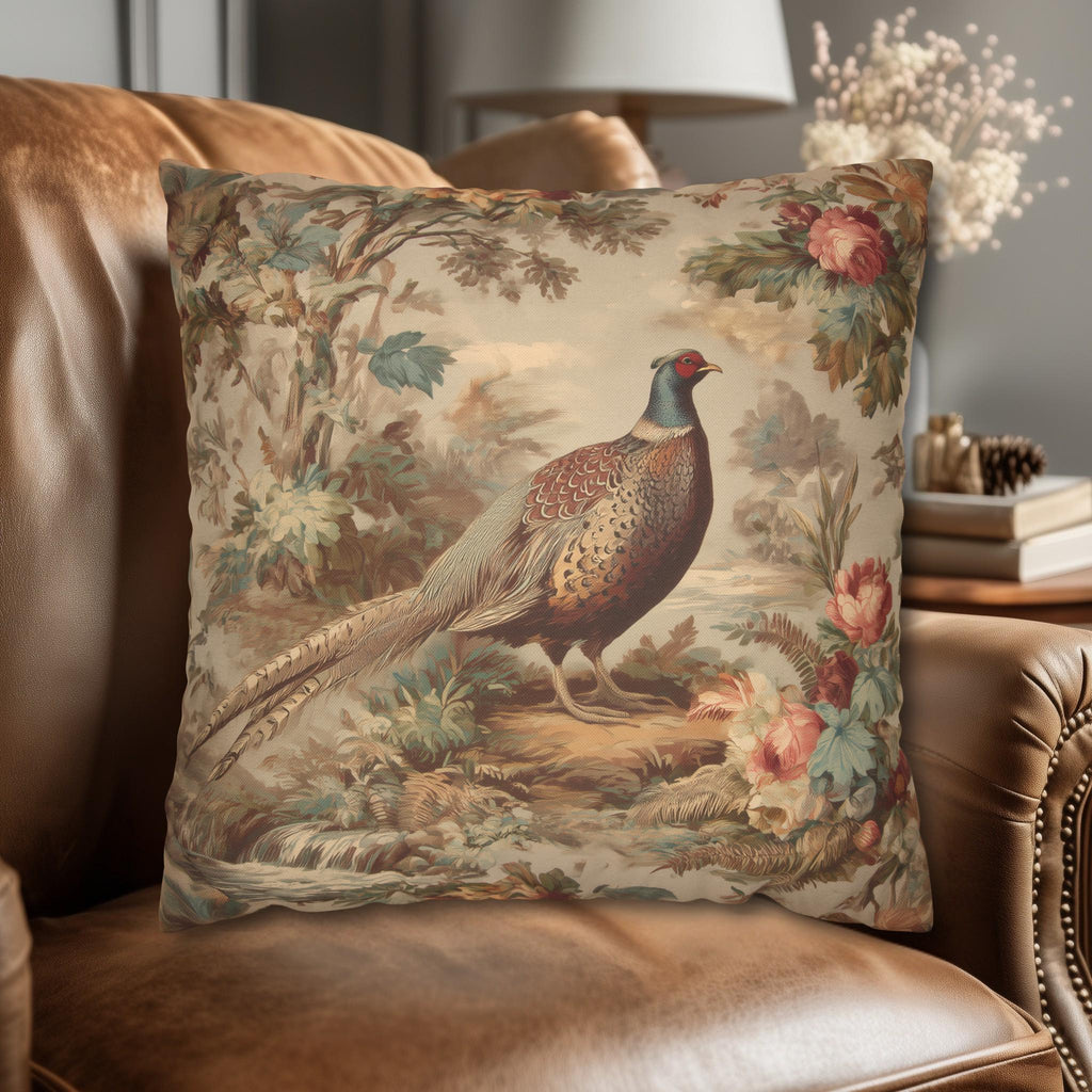 French Country Pheasant Throw Pillow Cover: Vintage Style Toile Bird Design