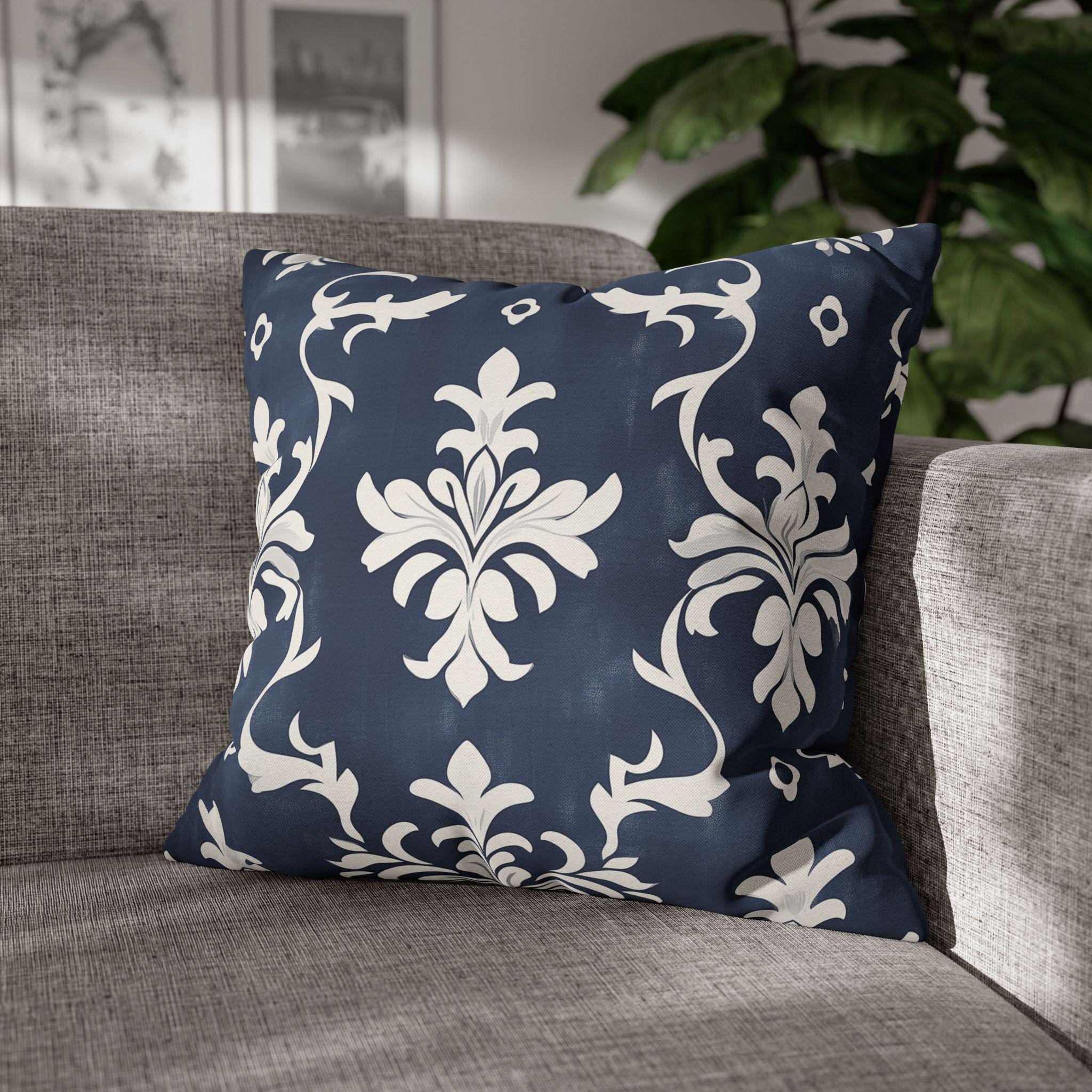 Bold Damask Pattern Pillow Cover, Navy Blue & White Elegant Home Decor