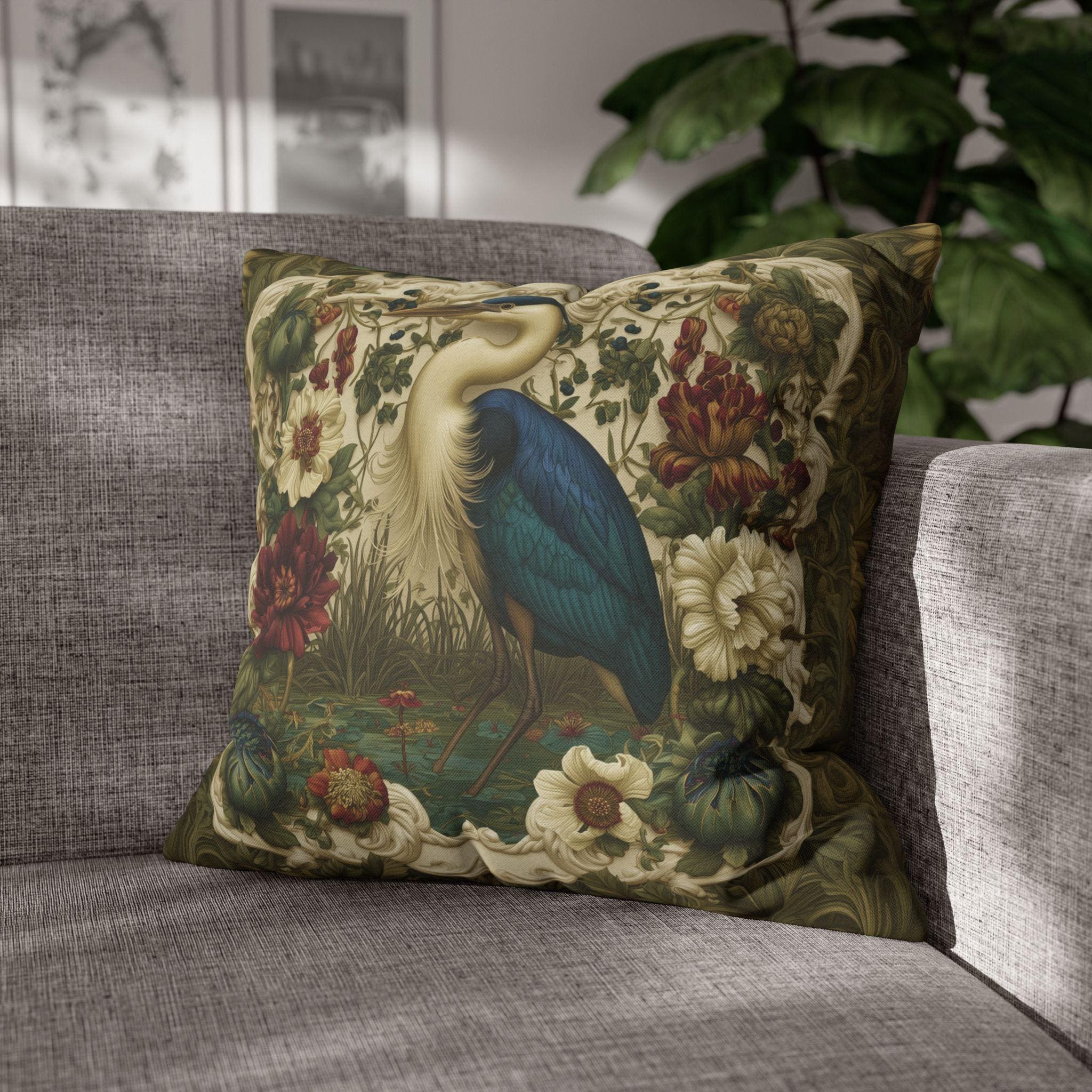 William Morris Style Heron Pillow Cover: Botanical Marsh Floral Art