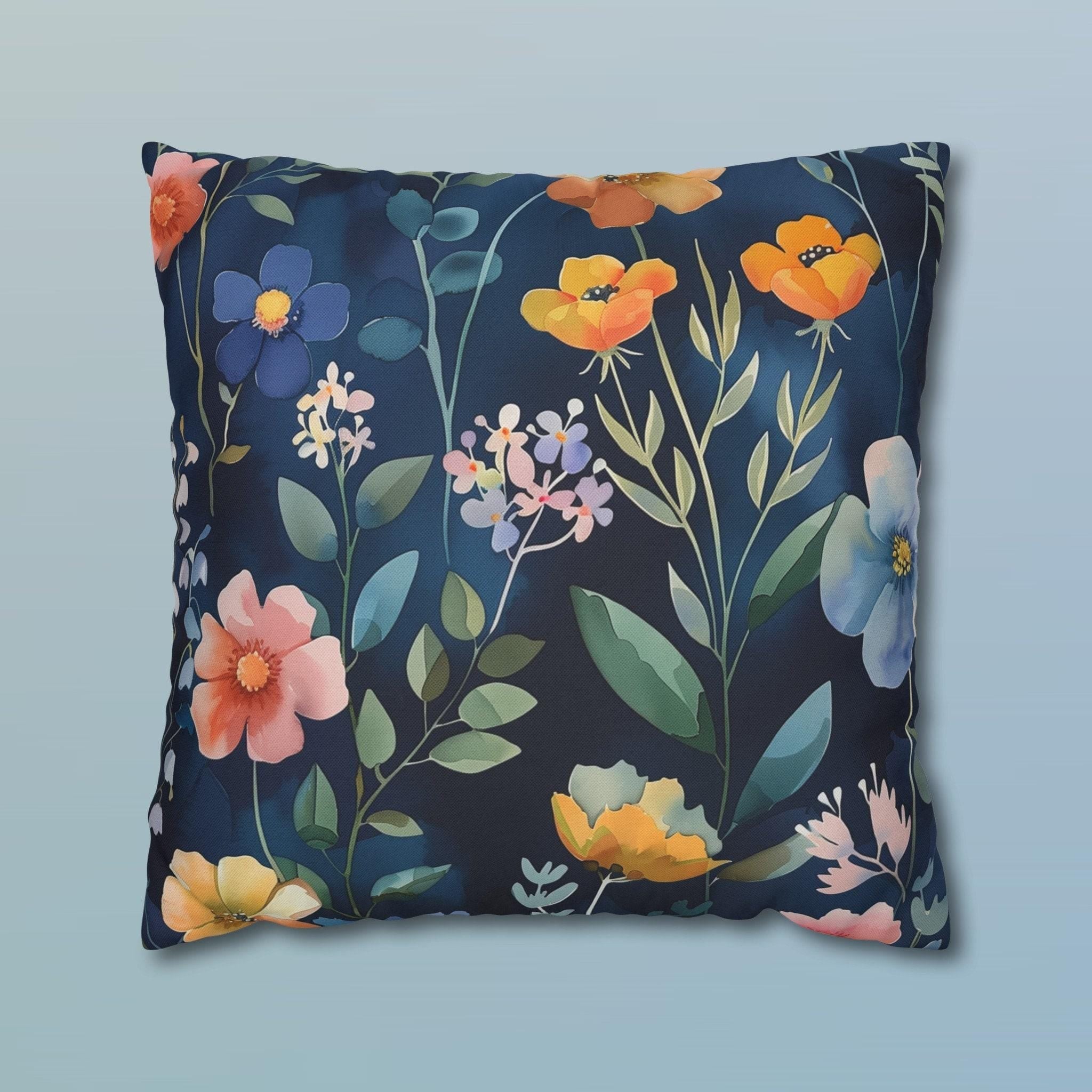 Botanical Pillow Cover: Navy Floral Cushion, Cottagecore Decor