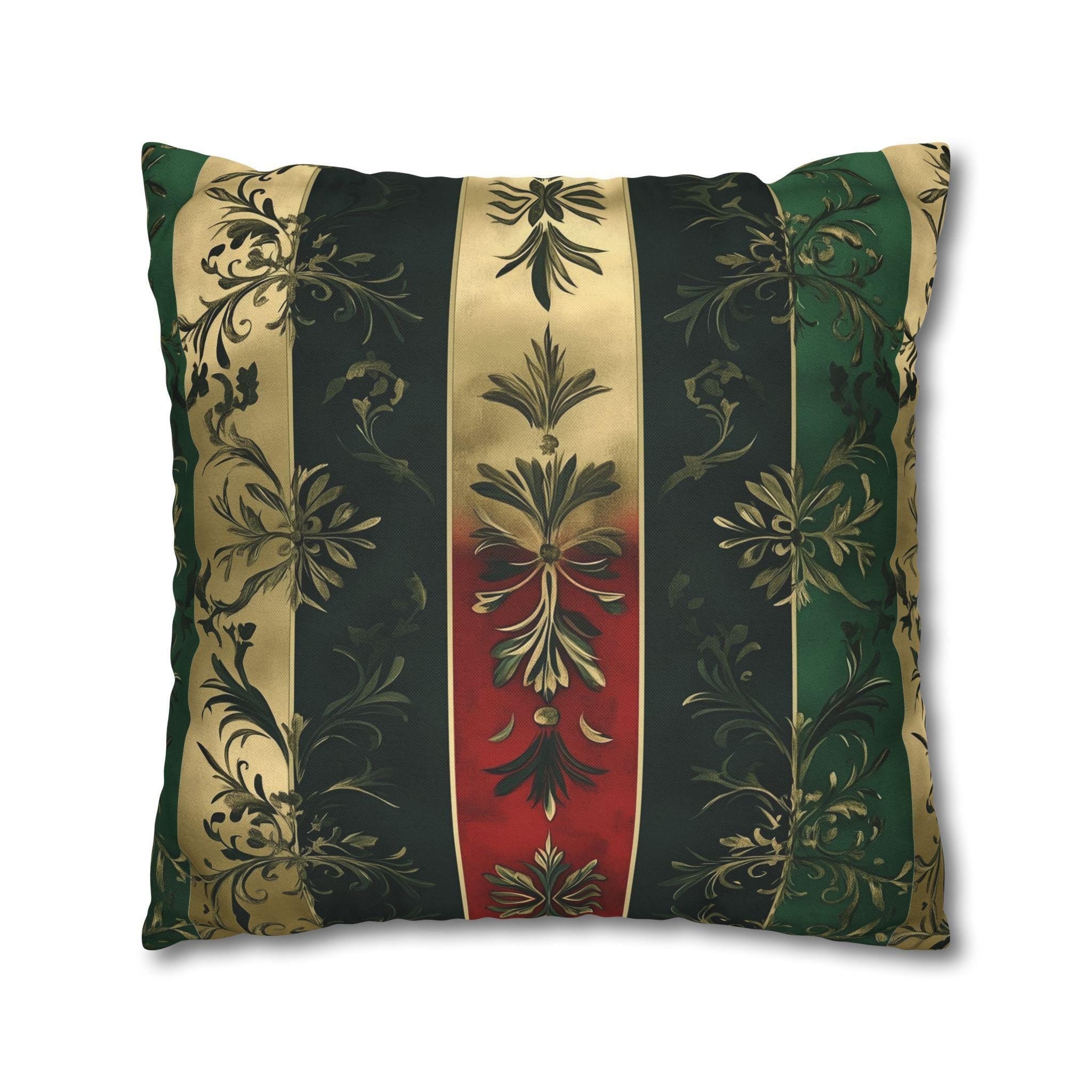 Elegant Holiday Striped Pillowcase: Floral Botanical Design, Gold Green Red Decorative Cover