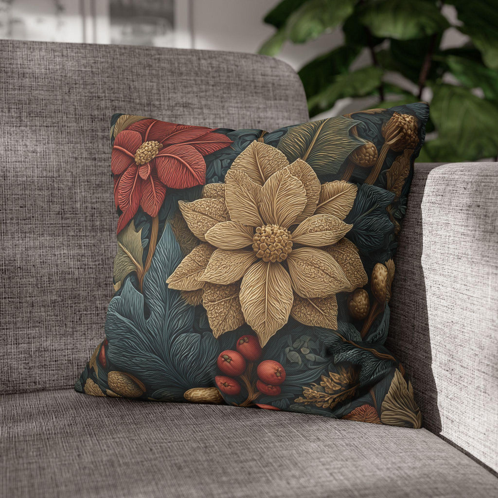 William Morris Christmas Pillow Cover: Wine and Taupe Poinsettia Woodland Illustration Euro Sizes