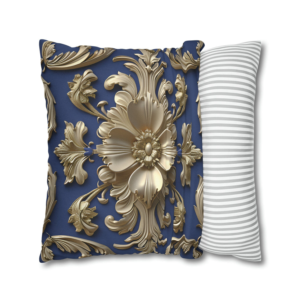 Luxurious Baroque Floral Pillow Cover: Deep Blue with Pale Gold Symmetrical Design