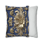 Luxurious Baroque Floral Pillow Cover: Deep Blue with Pale Gold Symmetrical Design