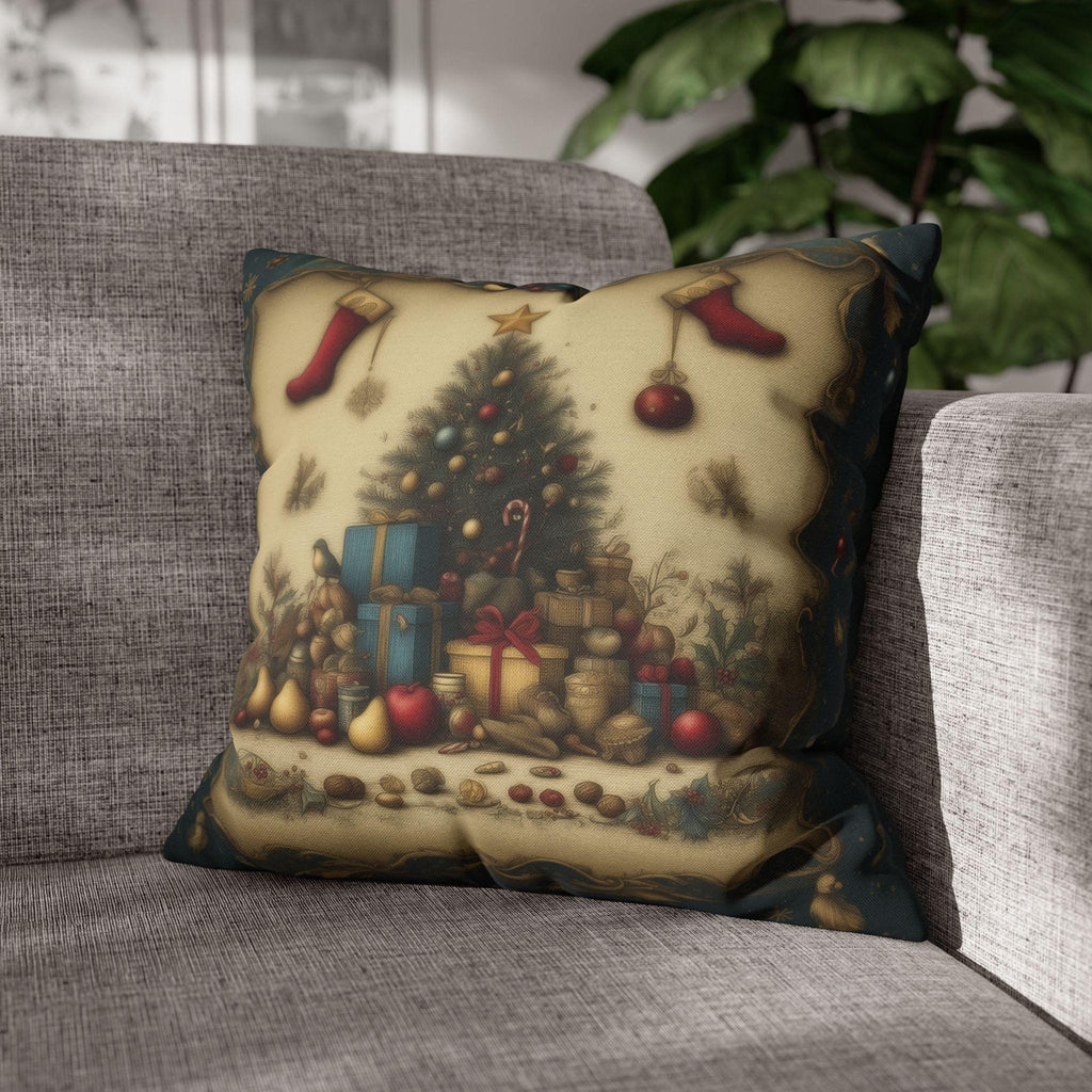 Vintage Style Christmas Nostalgia Pillow Cover: Holiday Tree with Gifts & Stockings