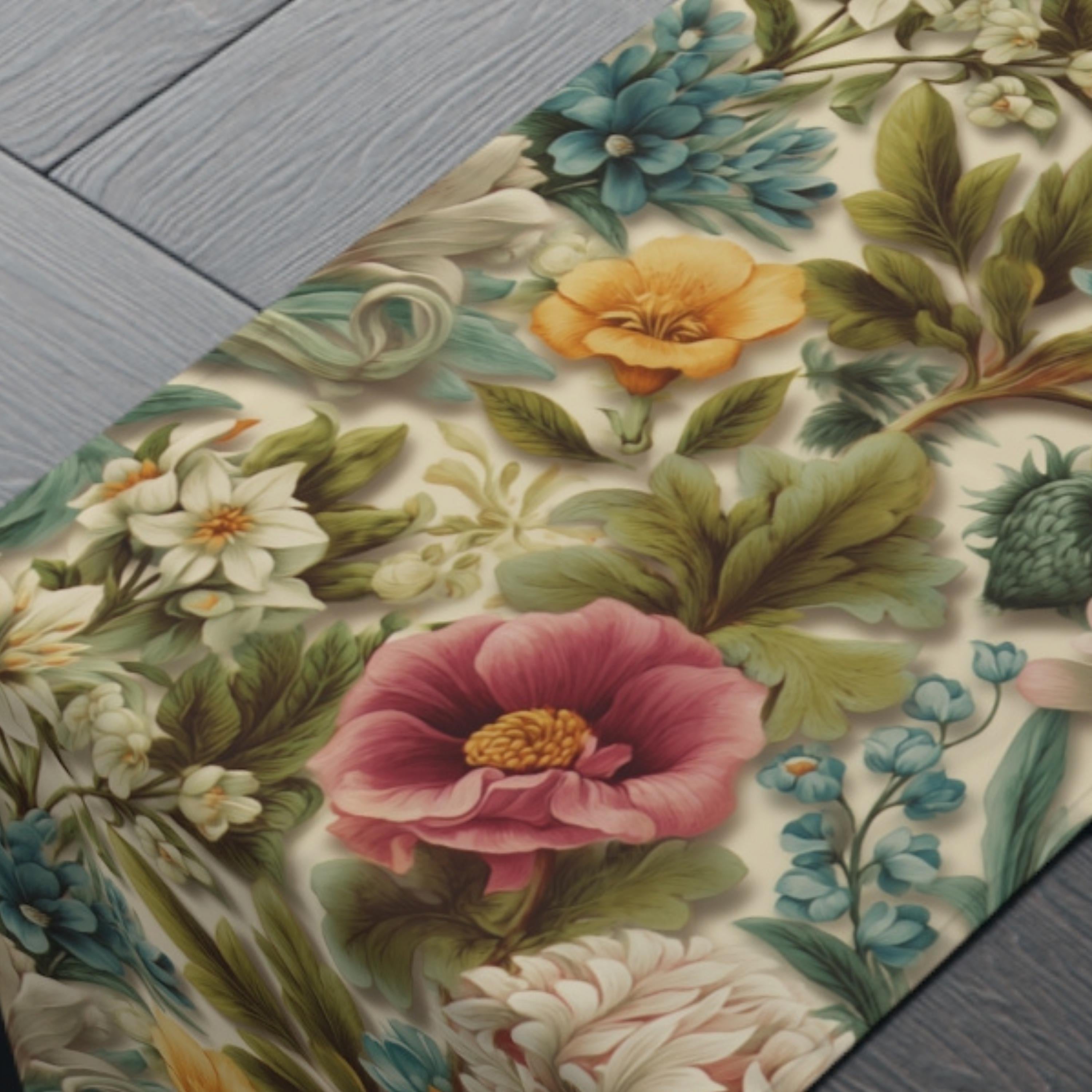 Watercolor Pastel Floral Table Runner:  Botanical Spring Garden Sage Pink Blue