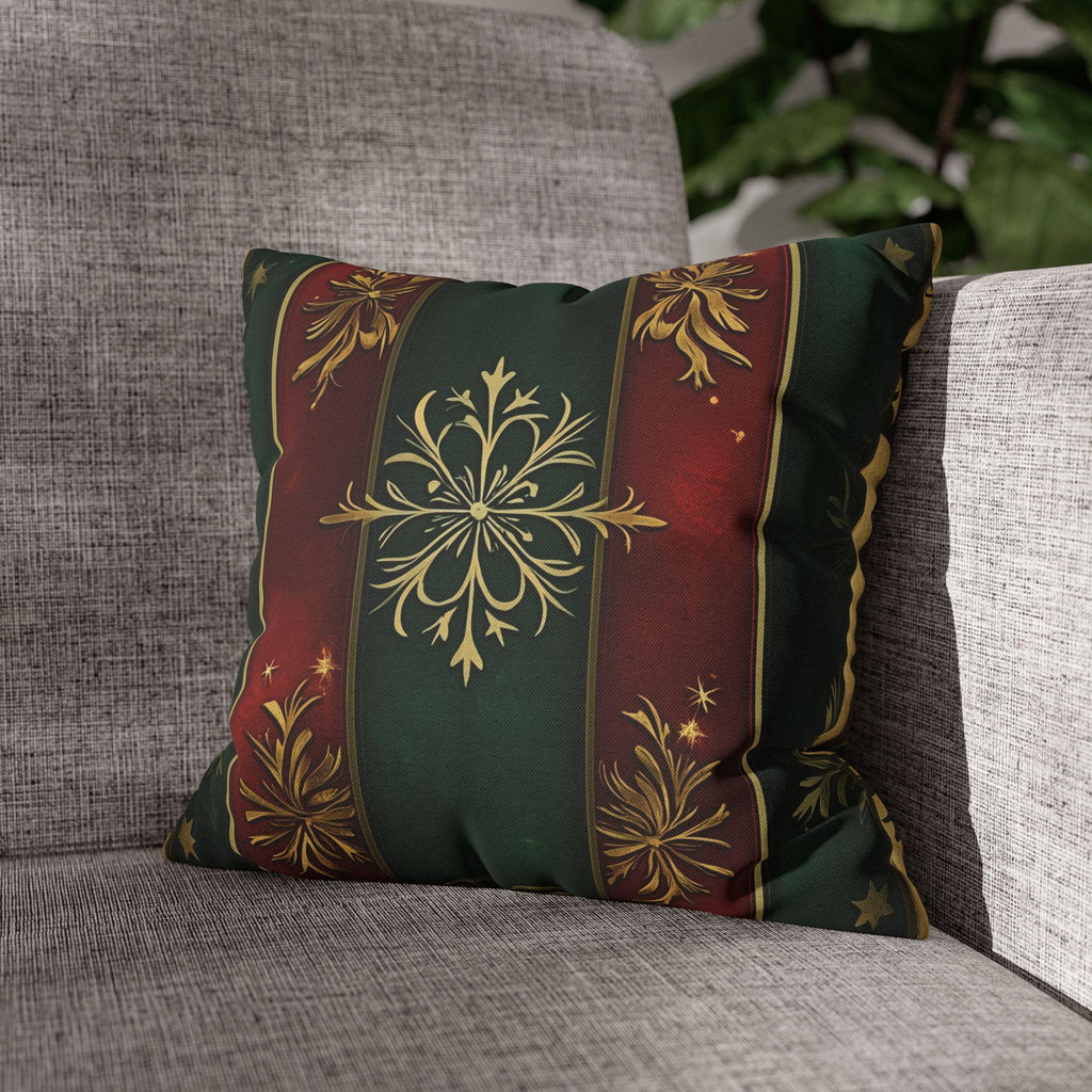 Red and Green Striped Holiday Pillow Cover: Gold Floral Accent