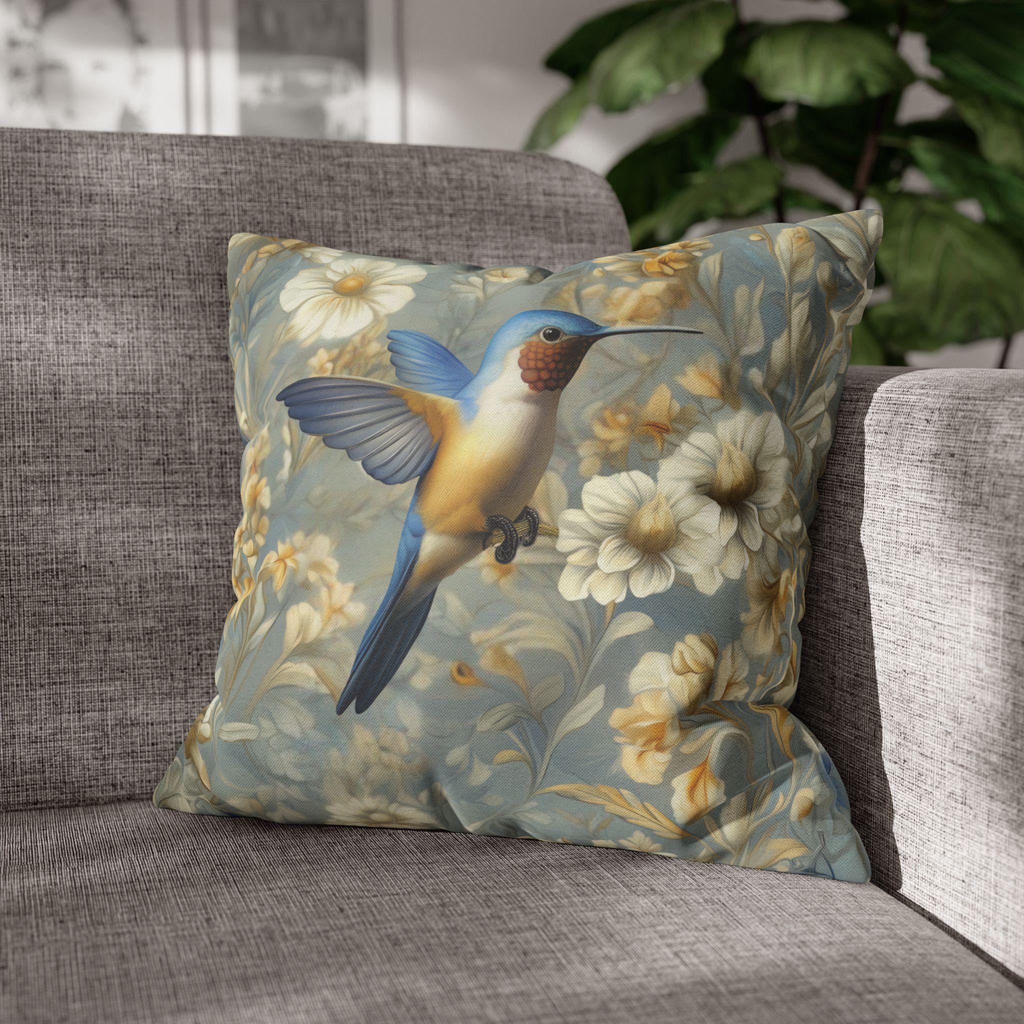 William Morris Hummingbird Pillow Cover: Blue & Gold Arts and Crafts Botanical Cushion Case