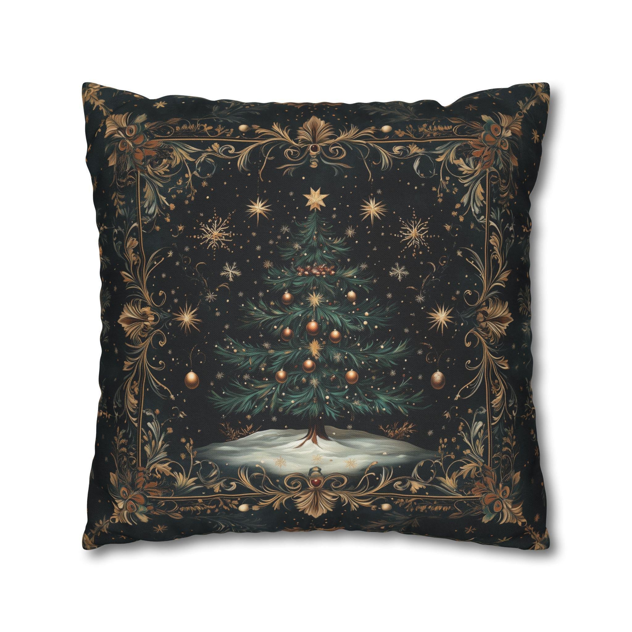 William Morris Christmas Tree Pillow Cover Starry Night Holiday Decor Elegant Gold Botanical Style
