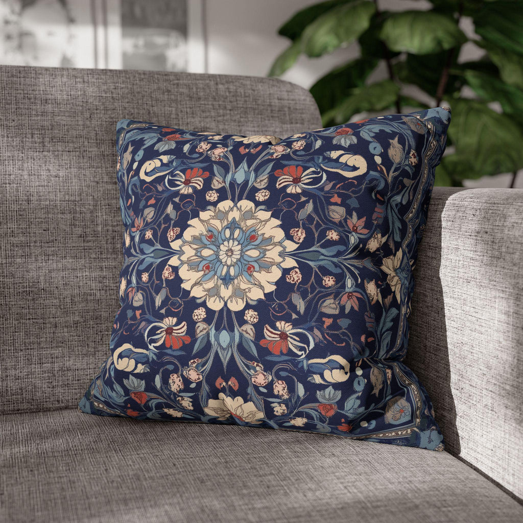 Elegant Navy Blue Floral Medallion Pillowcase: William Morris Inspired Persian Tribal Motifs Decorative Cover