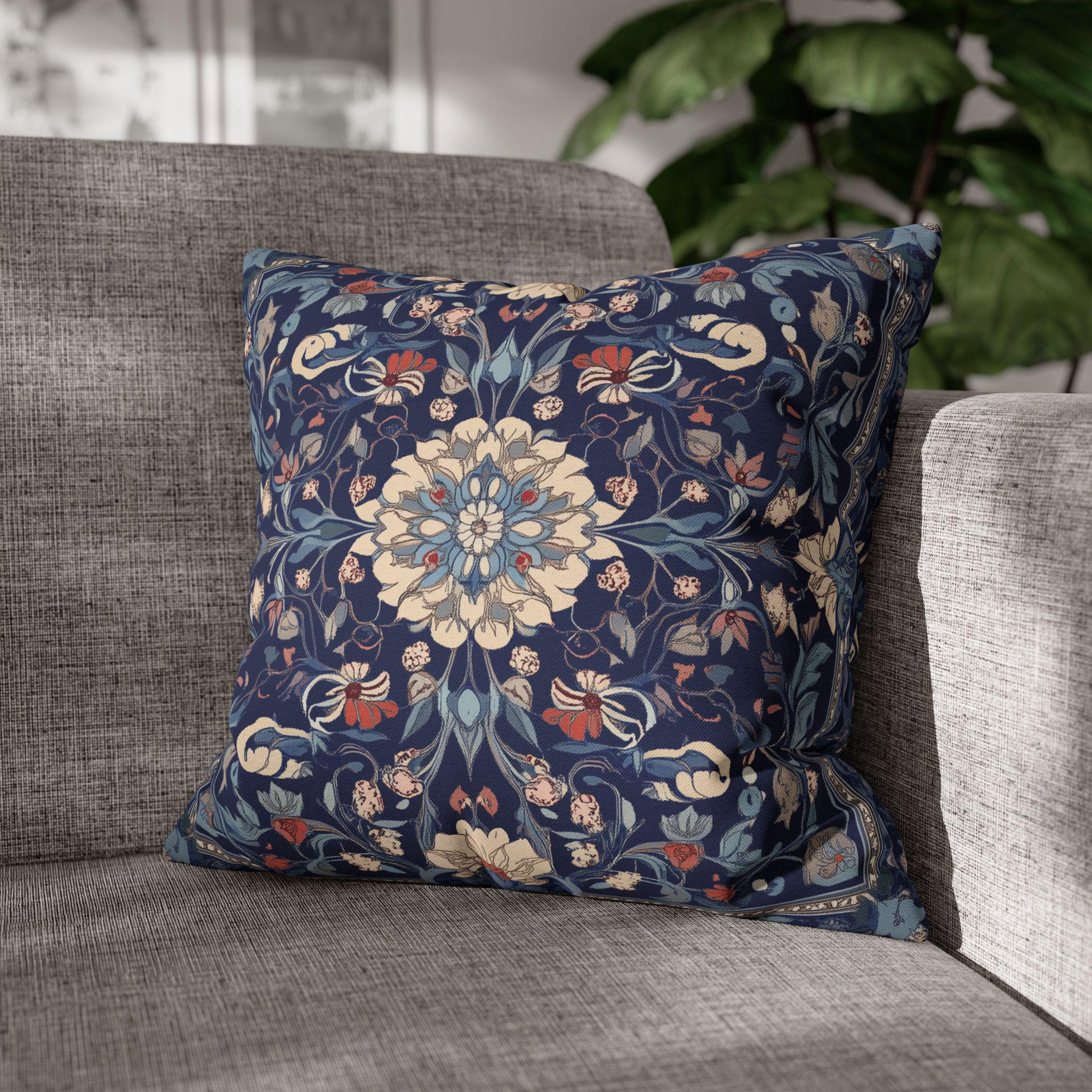 Elegant Navy Blue Floral Medallion Pillowcase: William Morris Inspired Persian Tribal Motifs Decorative Cover