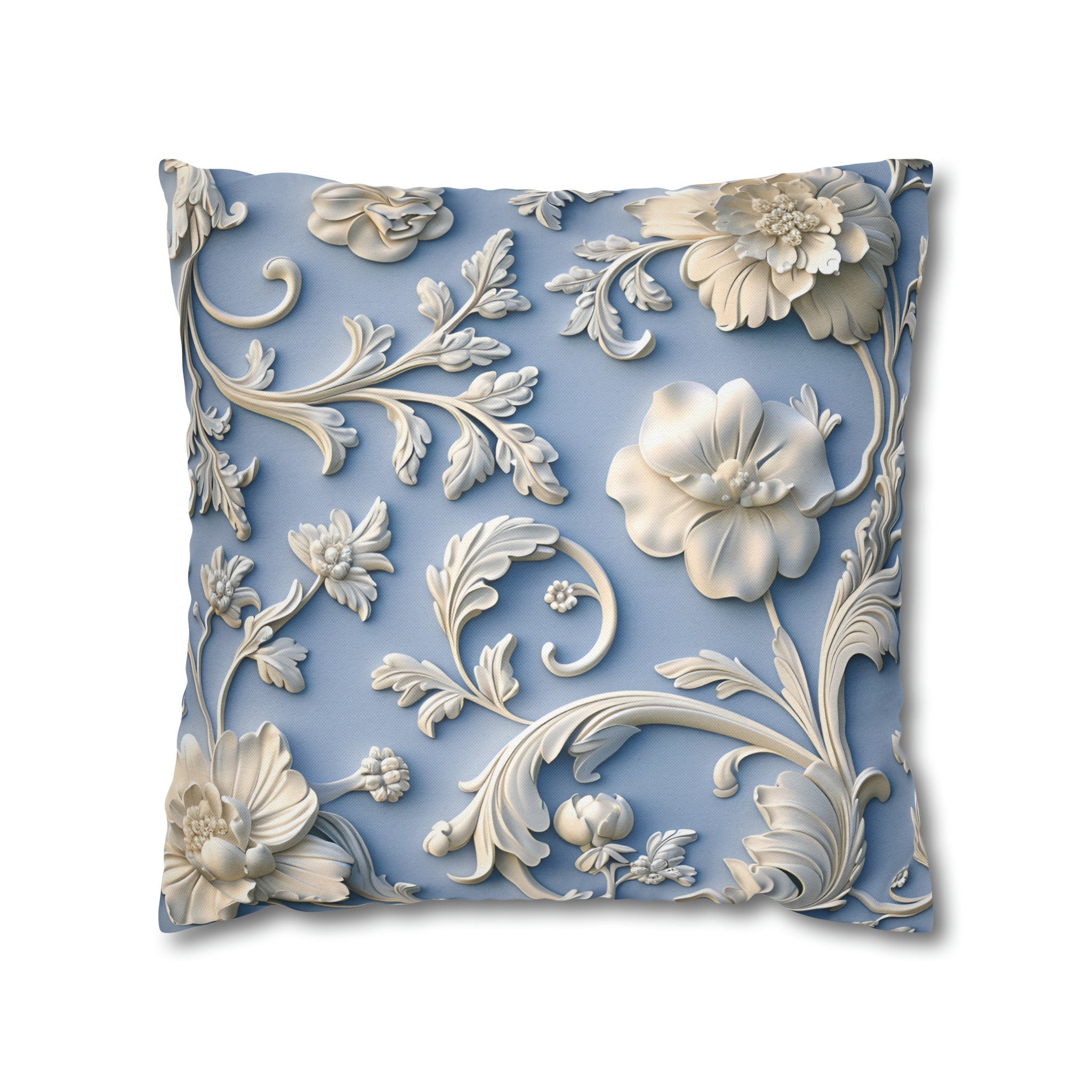 Elegant Chinoiserie Floral Pillow Cover: Soft White & Grey on Powder Blue, Timeless Asian-Inspired Decor