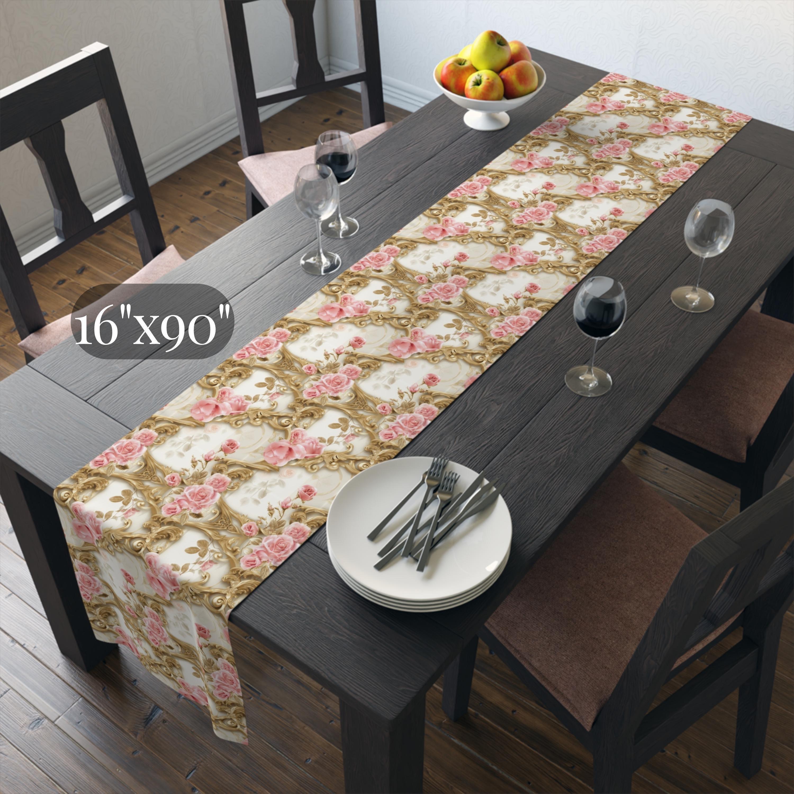 Wedding Table Runner with Pink Roses and Gold Scrollwork: Romantic Floral Decor