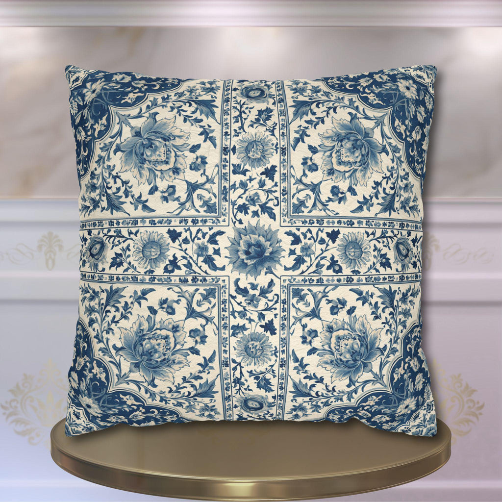 Toile Pillow Cover: Blue and Cream Botanical Farmhouse Decor