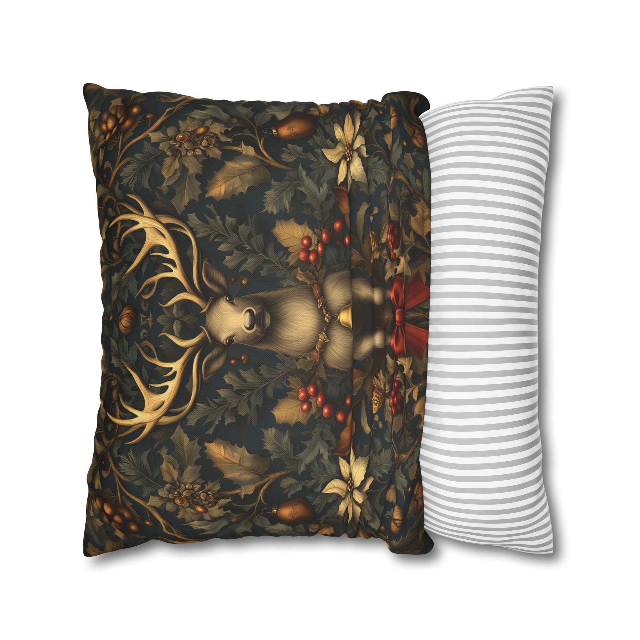 Reindeer Christmas Pillow Cover: William Morris Inspired Botanical Holiday Accent