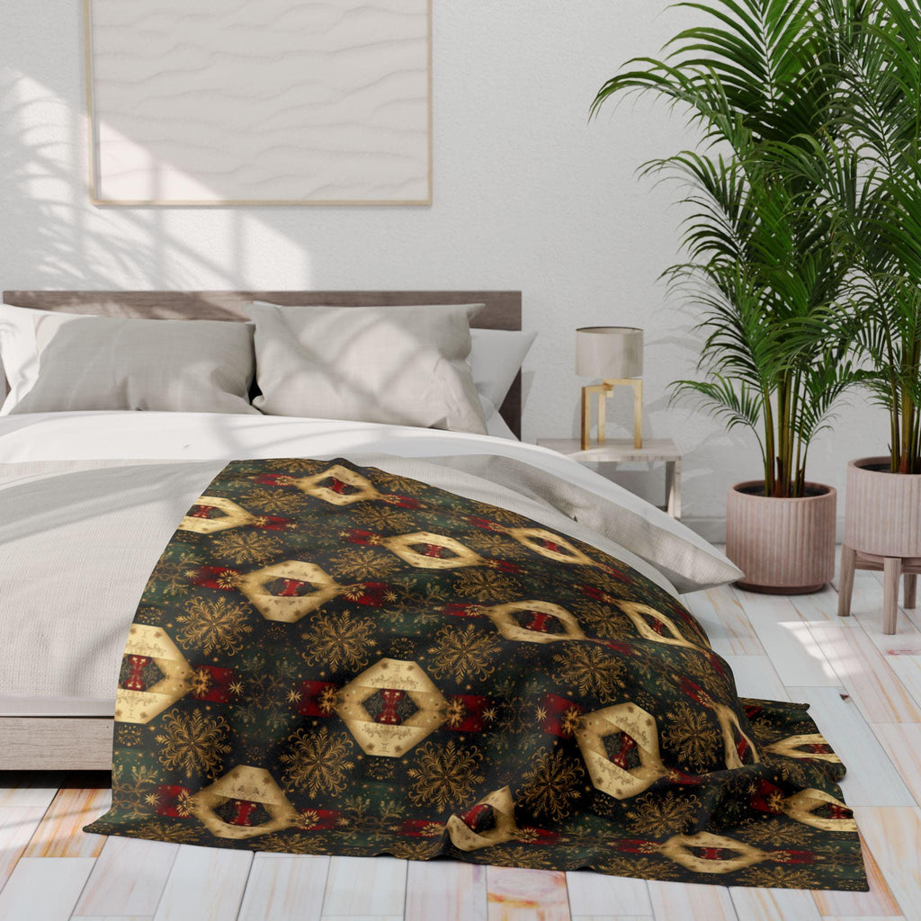 Elegant Christmas Arctic Fleece Throw Blanket - Gold Snowflakes on Green, Charcoal & Red