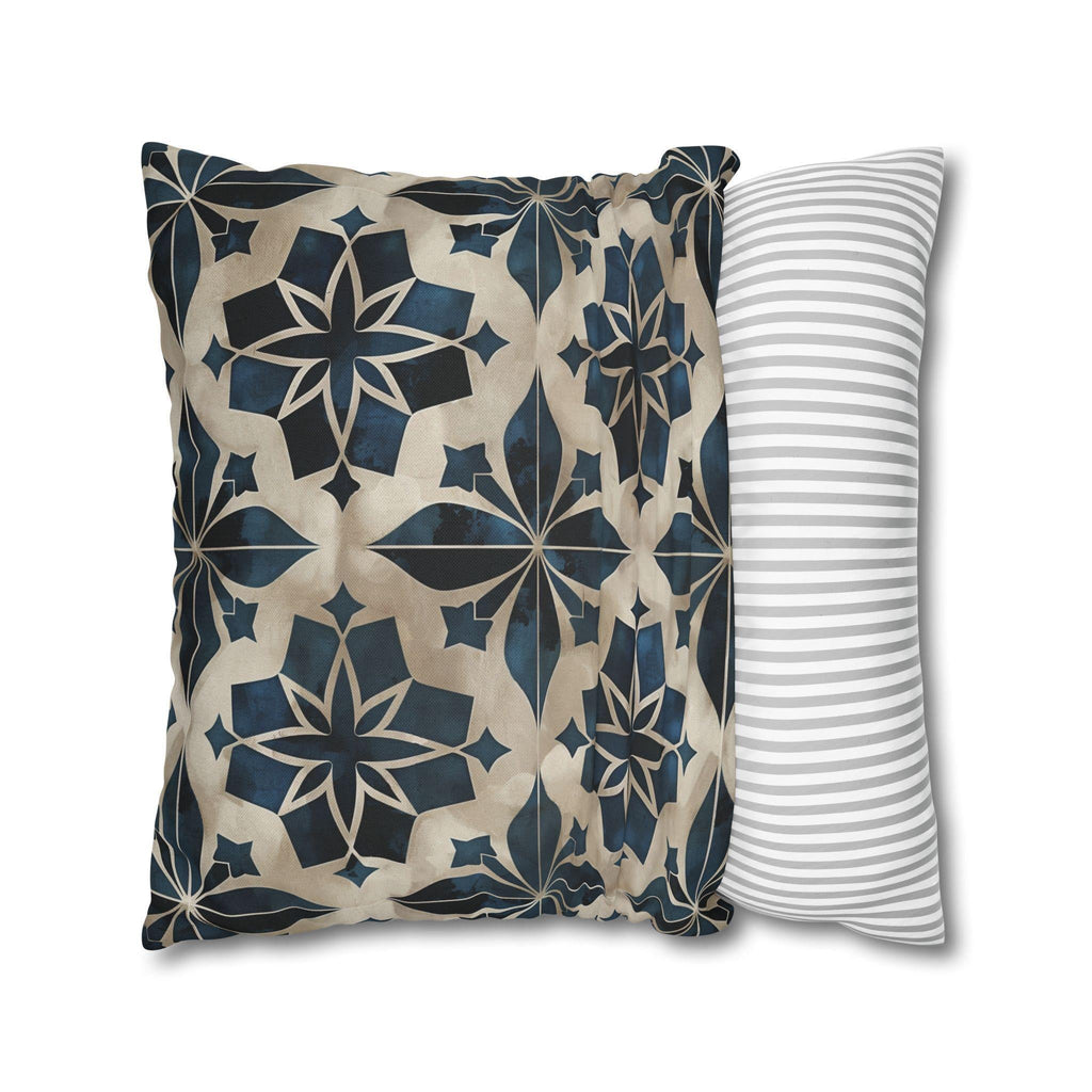 Moroccan Tile Pattern Square Pillowcase, Navy Blue Beige Geometric Design Decorative Cushion Cover