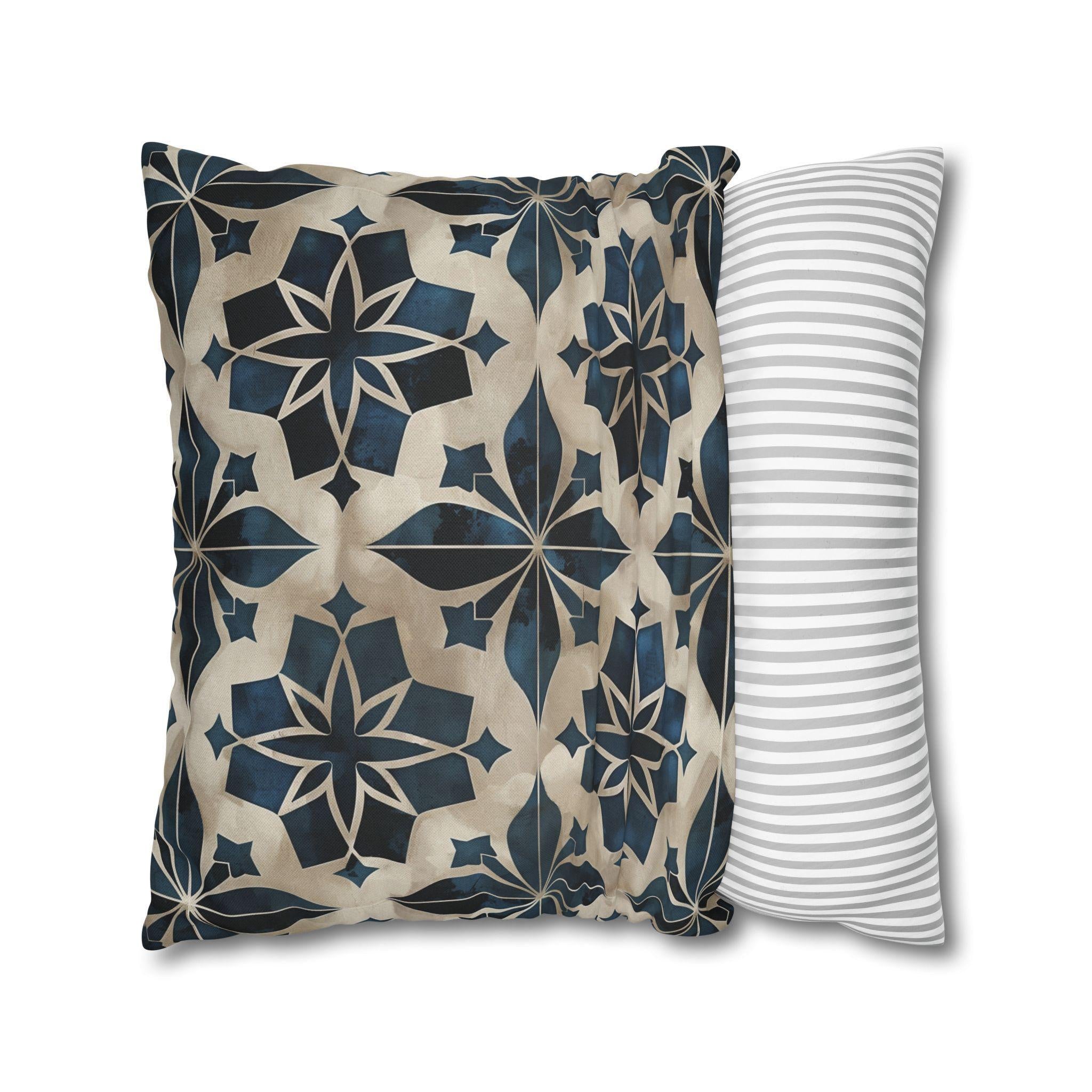 Moroccan Tile Pattern Square Pillowcase, Navy Blue Beige Geometric Design Decorative Cushion Cover