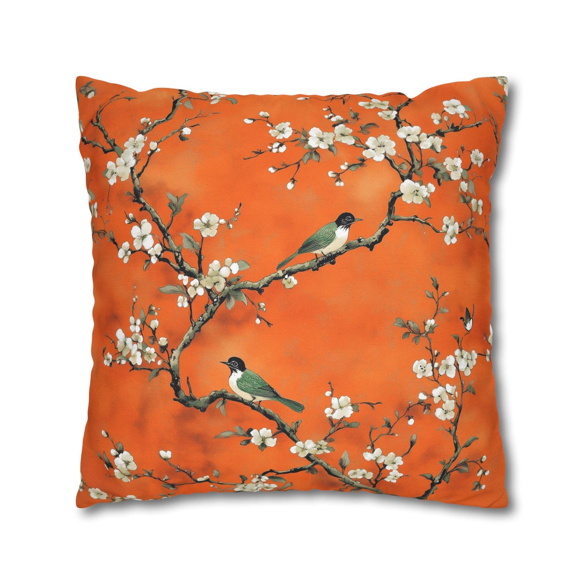 Elegant Chinoiserie Pillow Cover: Burnt Orange with White Blossoms and Birds for Asian-Inspired Decor