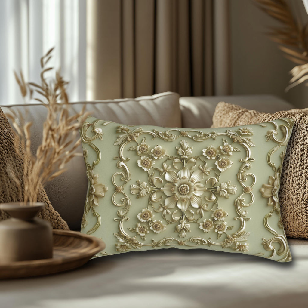 Sage Green French Floral Lumbar Pillow: Elegant Gold Blooms for Luxurious Living Room Decor