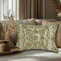 Sage Green French Floral Lumbar Pillow: Elegant Gold Blooms for Luxurious Living Room Decor
