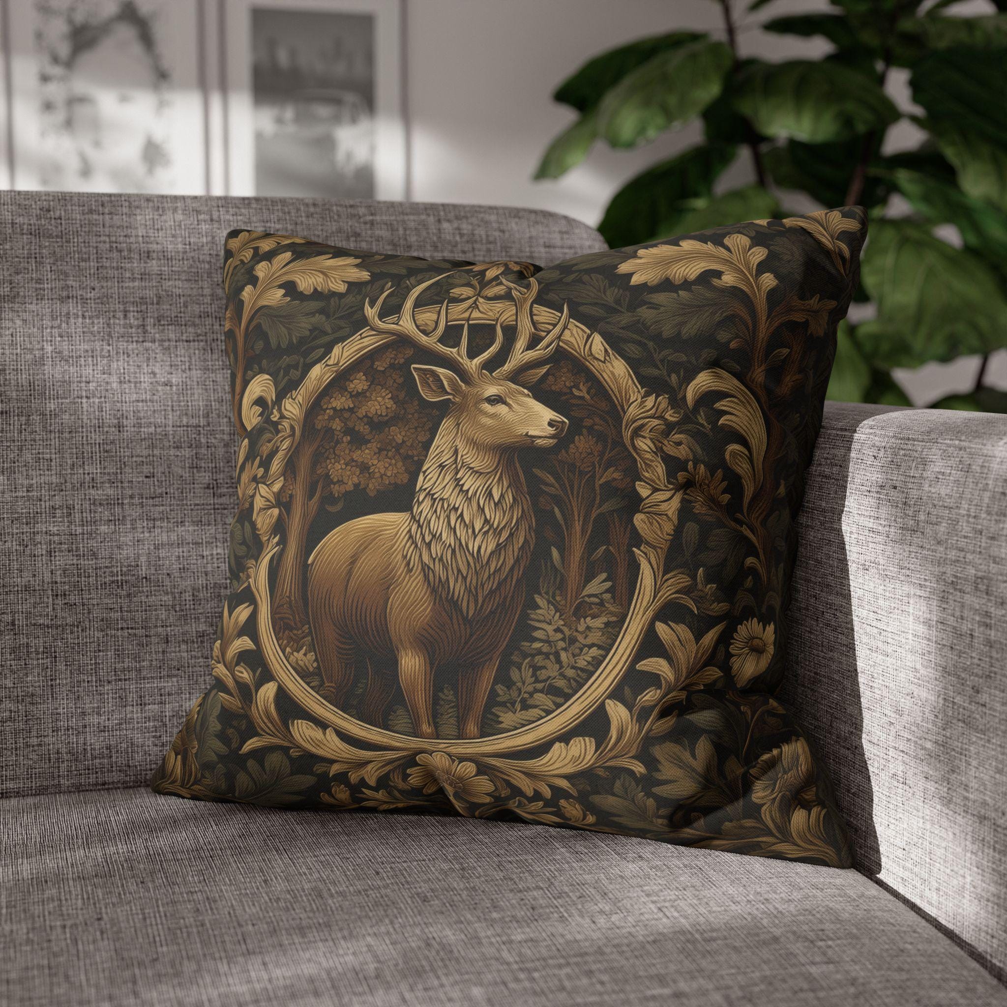 William Morris Inspired Noble Stag Pillow Cover: Botanical Woodland Design