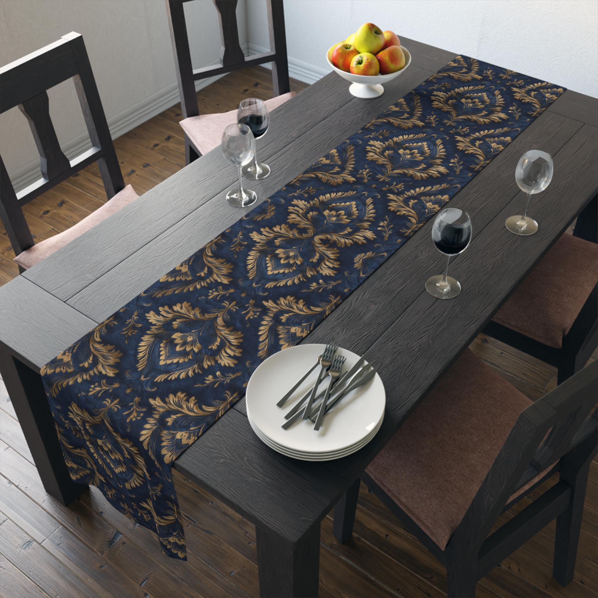 Royal Blue & Gold Damask Table Runner: Faux Brocade Holiday Accent