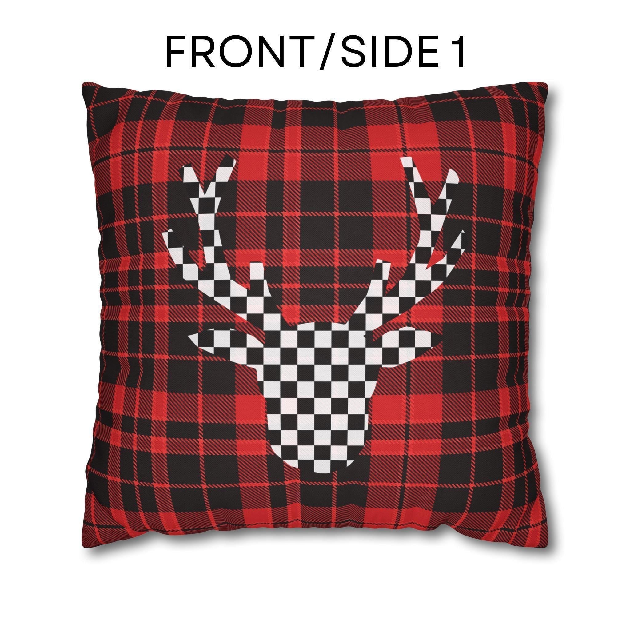 Plaid & Checker Stag Pillow Cover: Modern Rustic Christmas Accent