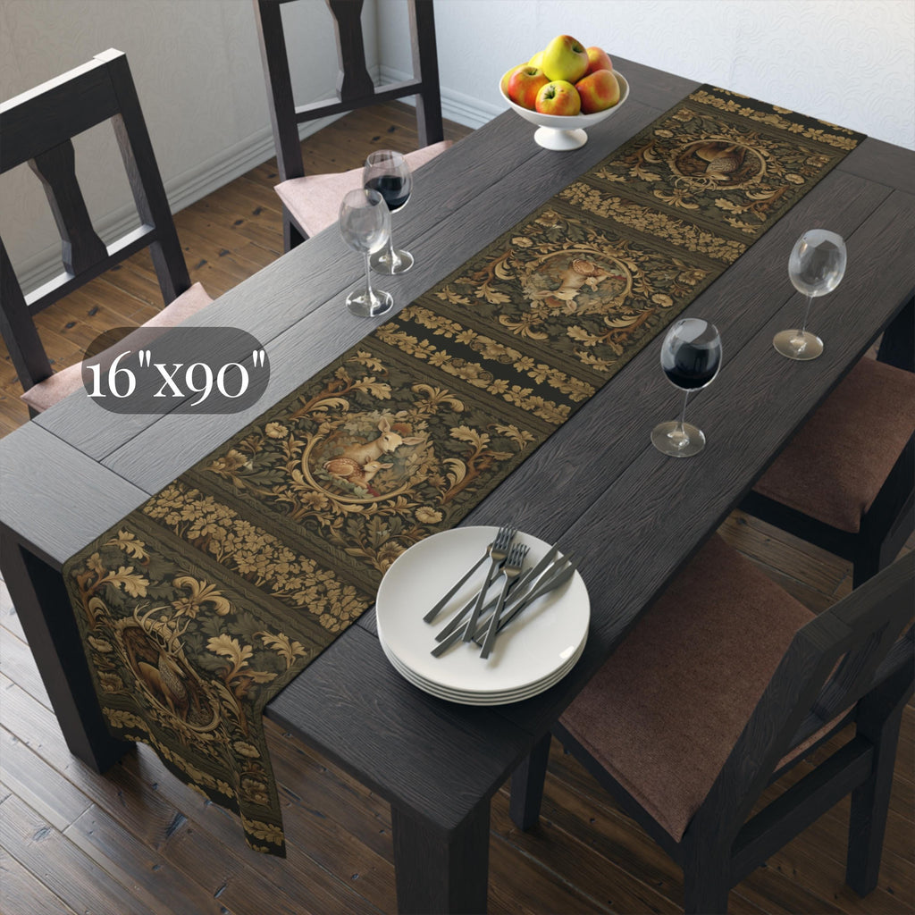 William Morris Inspired Noble Stag Table Runner: with Doe and Fawn Woodland Design