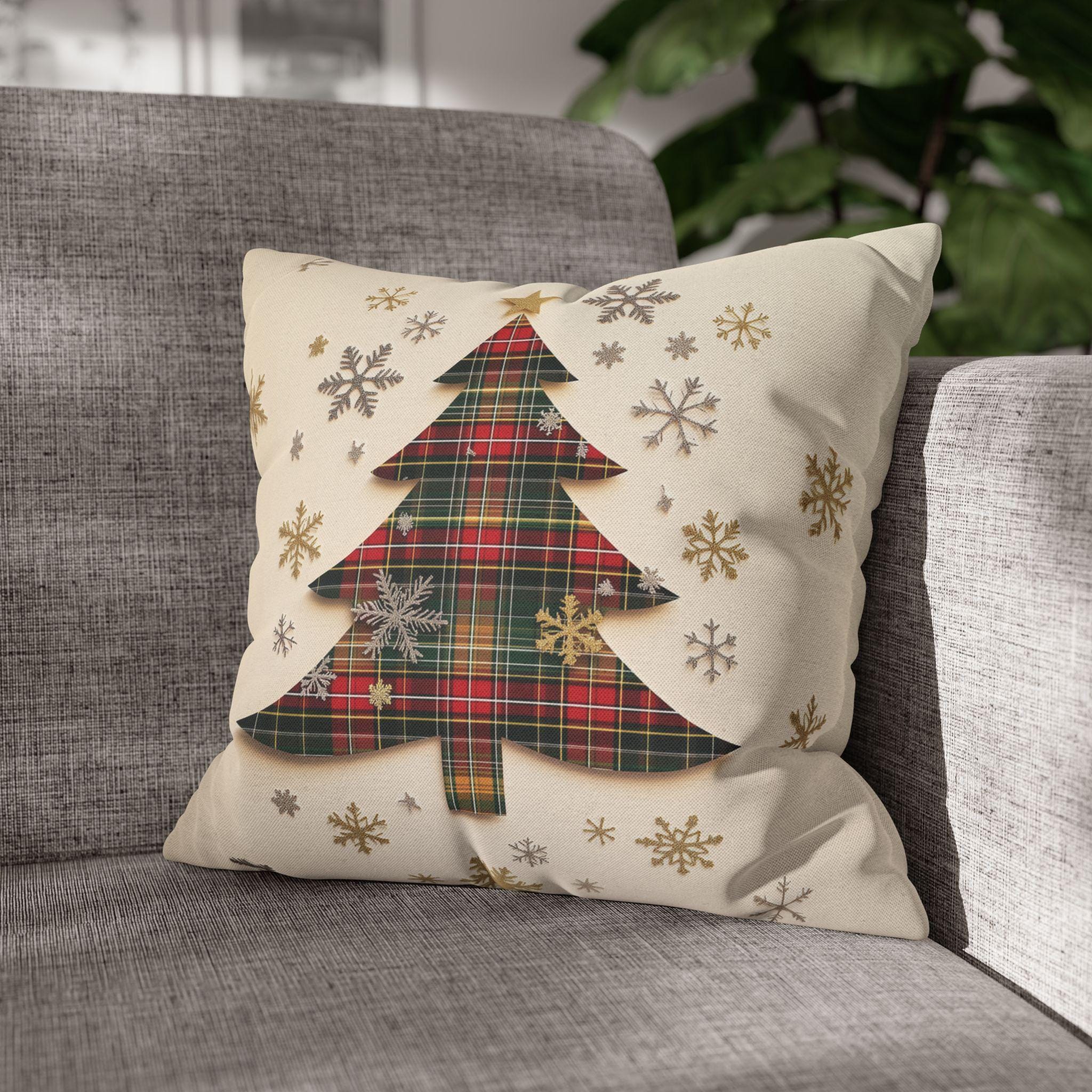 Tartan Christmas Tree Pillow Cover: Rustic Plaid Holiday Cushion Case