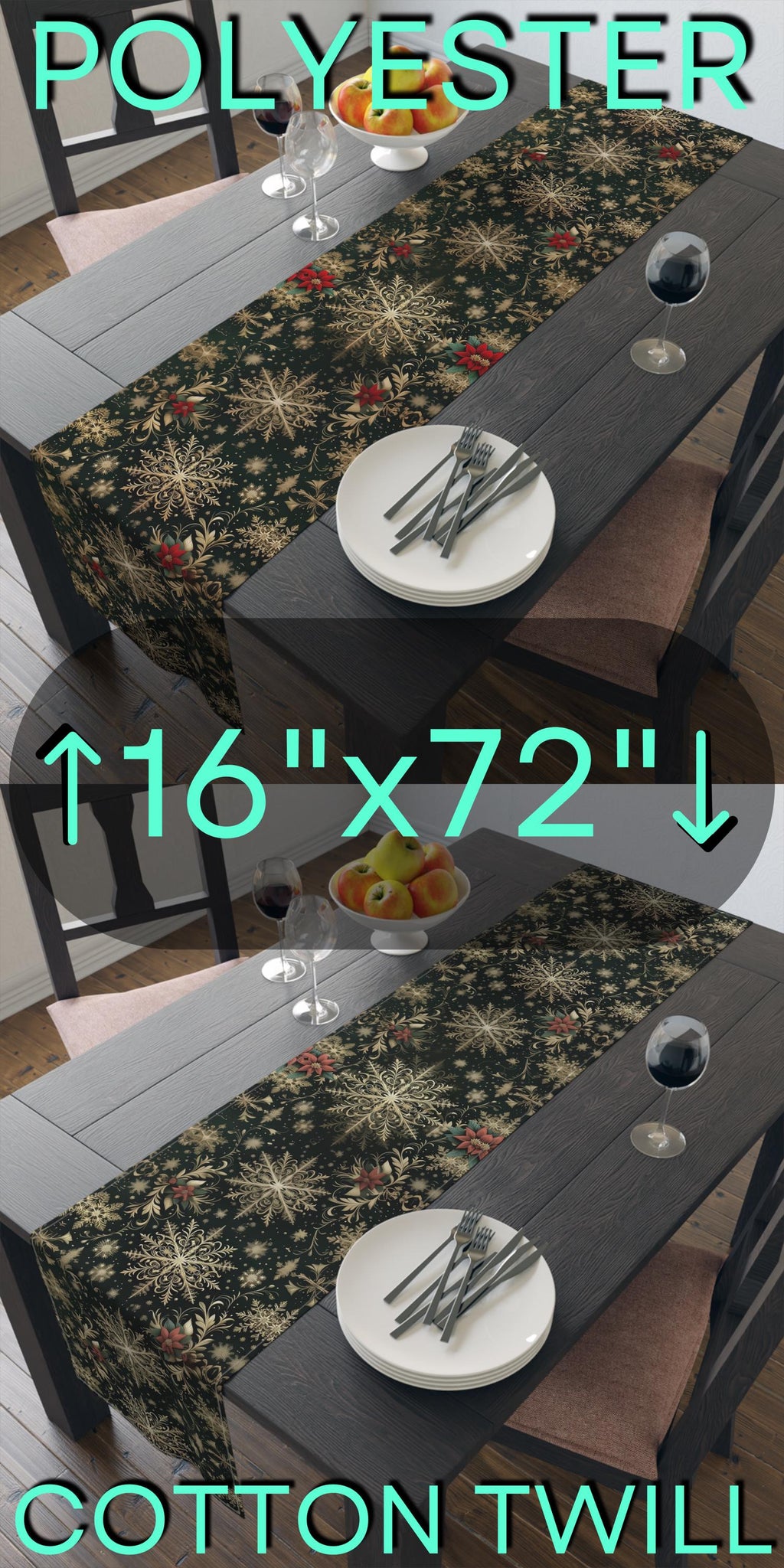 Emerald Christmas Table Runner: Elegant Gold Snowflake and Poinsettia Design for Festive Dining Decor