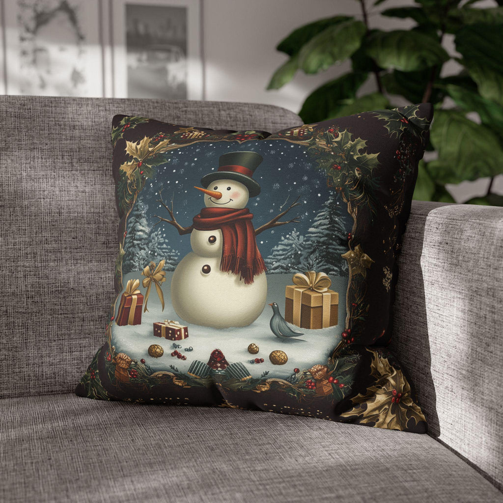 Vintage Style Holiday Pillow Cover: Burgundy and Gold Christmas Snowman Design