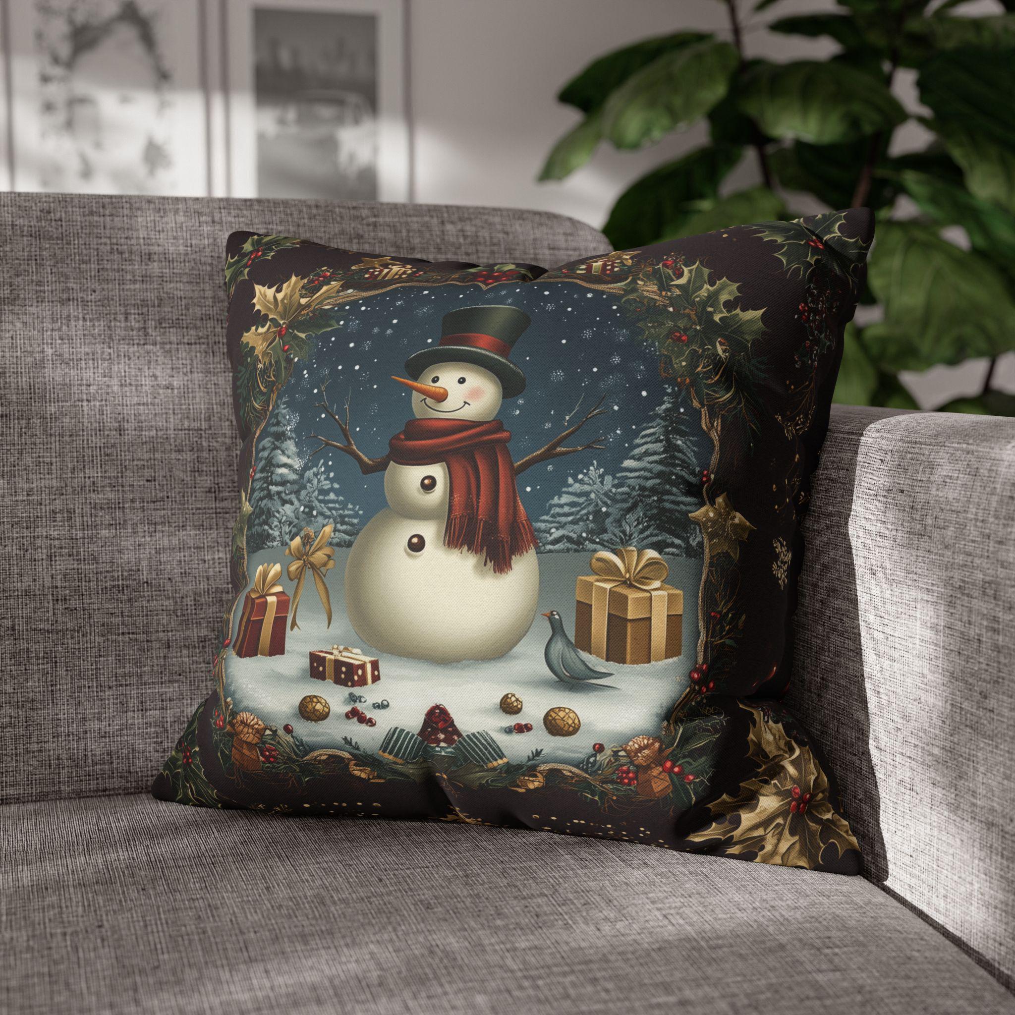 Vintage Style Holiday Pillow Cover: Burgundy and Gold Christmas Snowman Design