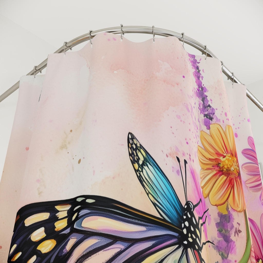 Colorful Butterfly Garden Fabric Shower Curtain: Watercolor Spring Wildflowers on Pastel Background